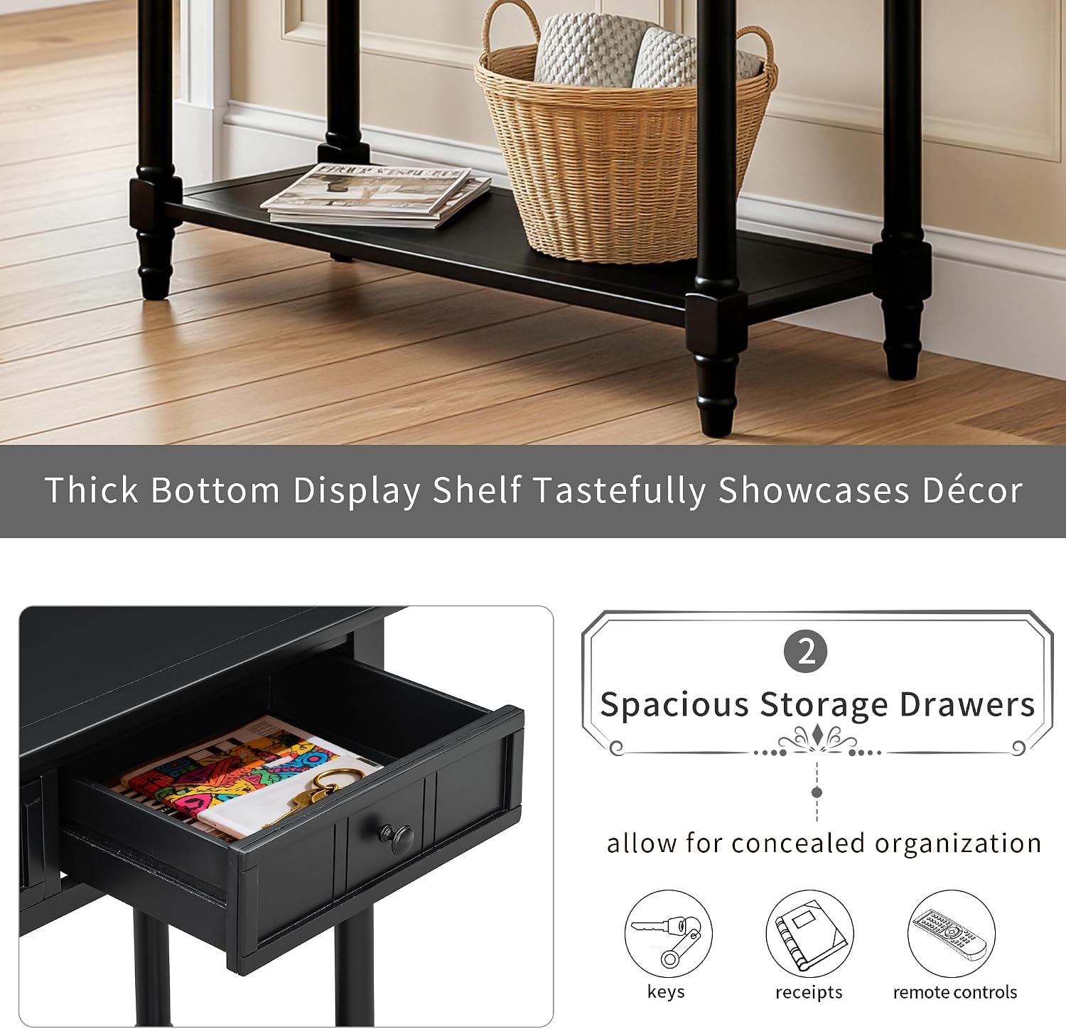 Knocbel Antique Entry Console Table with 2 Drawers & Bottom Open Shelf, Wood Sofa Tables for Entryway Hallway Living Room, 35.34' W x 13.8' D x 30.25' H, Black