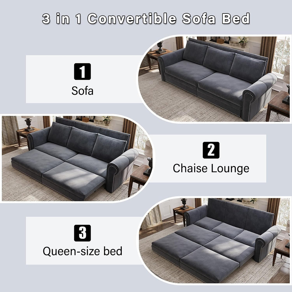93.7' King Pull Out Sofa Bed, 3 in 1 Convertible Sleeper Sofa Couch 3-Seater, Velvet Folding Loveseat Sleeper Sofa with Deep Seat, Nailhead Trim & Rolled Arm for Living Room (Light Grey)