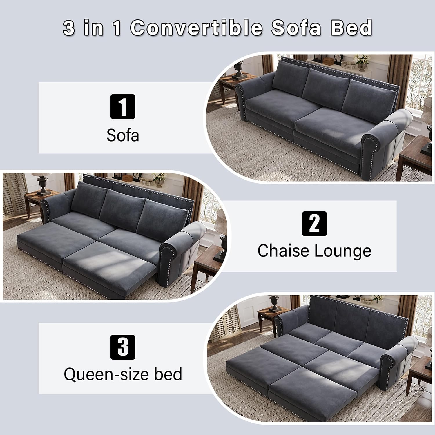 93.7' King Pull Out Sofa Bed, 3 in 1 Convertible Sleeper Sofa Couch 3-Seater, Velvet Folding Loveseat Sleeper Sofa with Deep Seat, Nailhead Trim & Rolled Arm for Living Room (Light Grey)