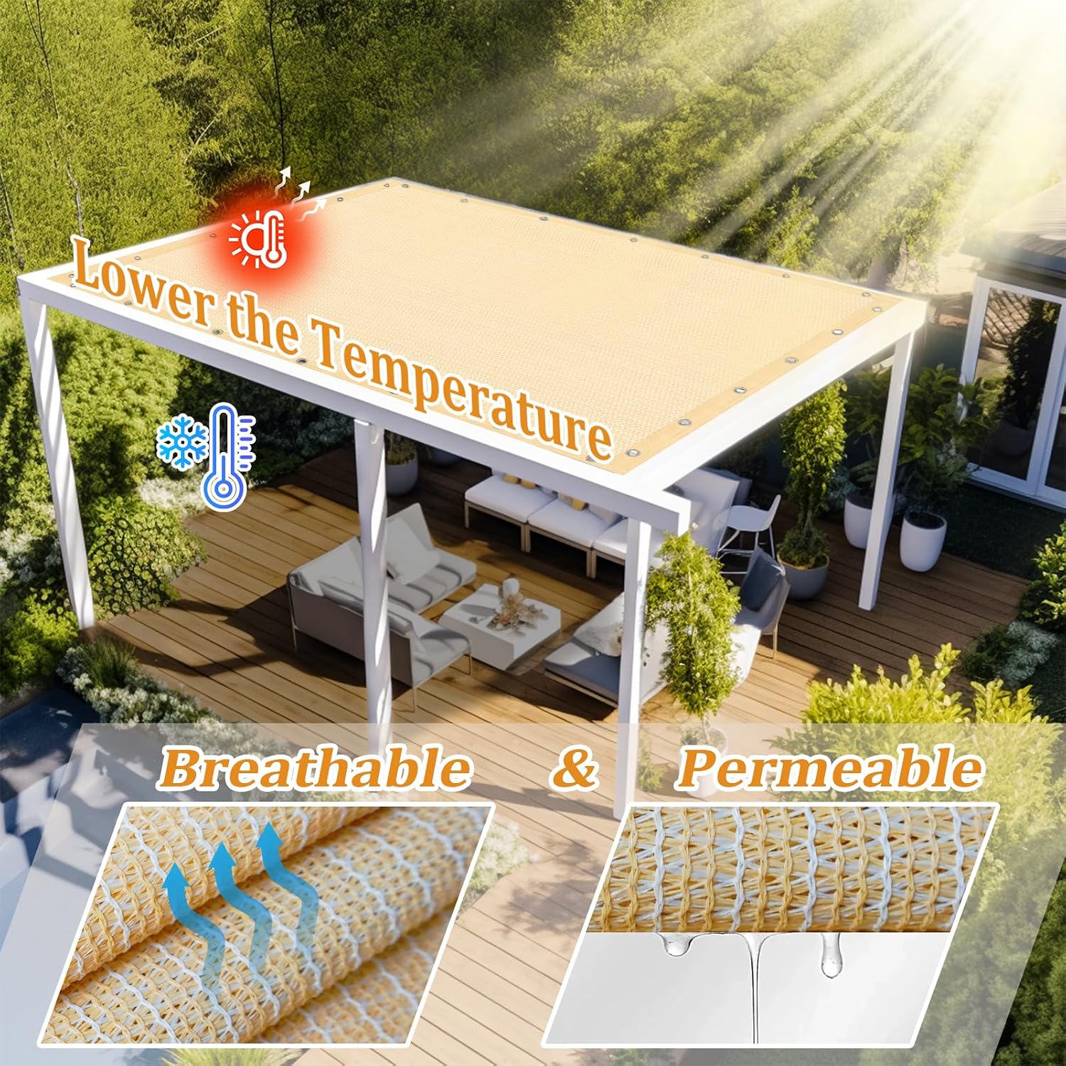 Shade&Beyond Customized Size 8' X 14' Shade Cloth with Grommets, 90% UV Protection UV Protection Mesh Tarp Sun Screens for Patio GN04, Wheat