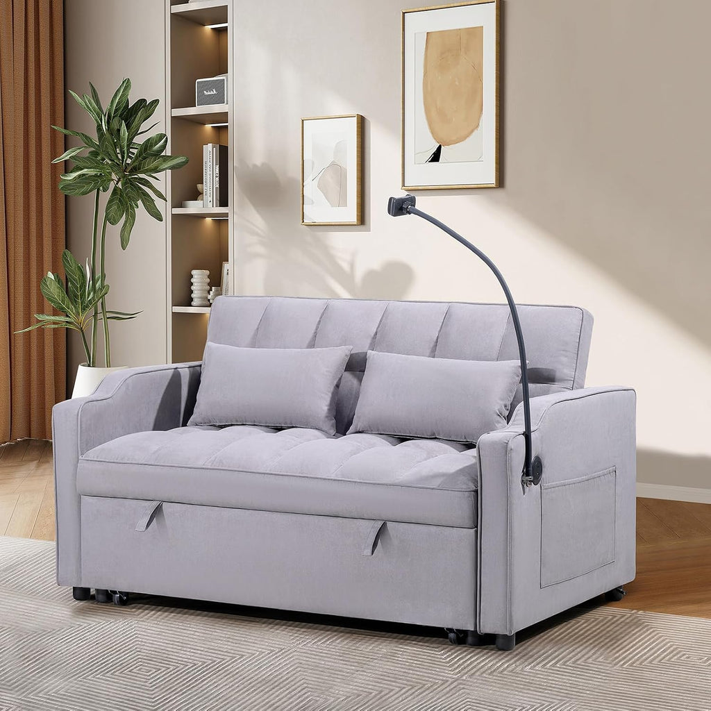 Antetek Sleeper Sofa Couch Bed with USB & Type C Port, Modern 3-in-1 Convertible Velvet Pull Out Loveseat Futon Sofa w/Phone Holder for Living Room Apartment, Adjustable Backrest, Light Grey