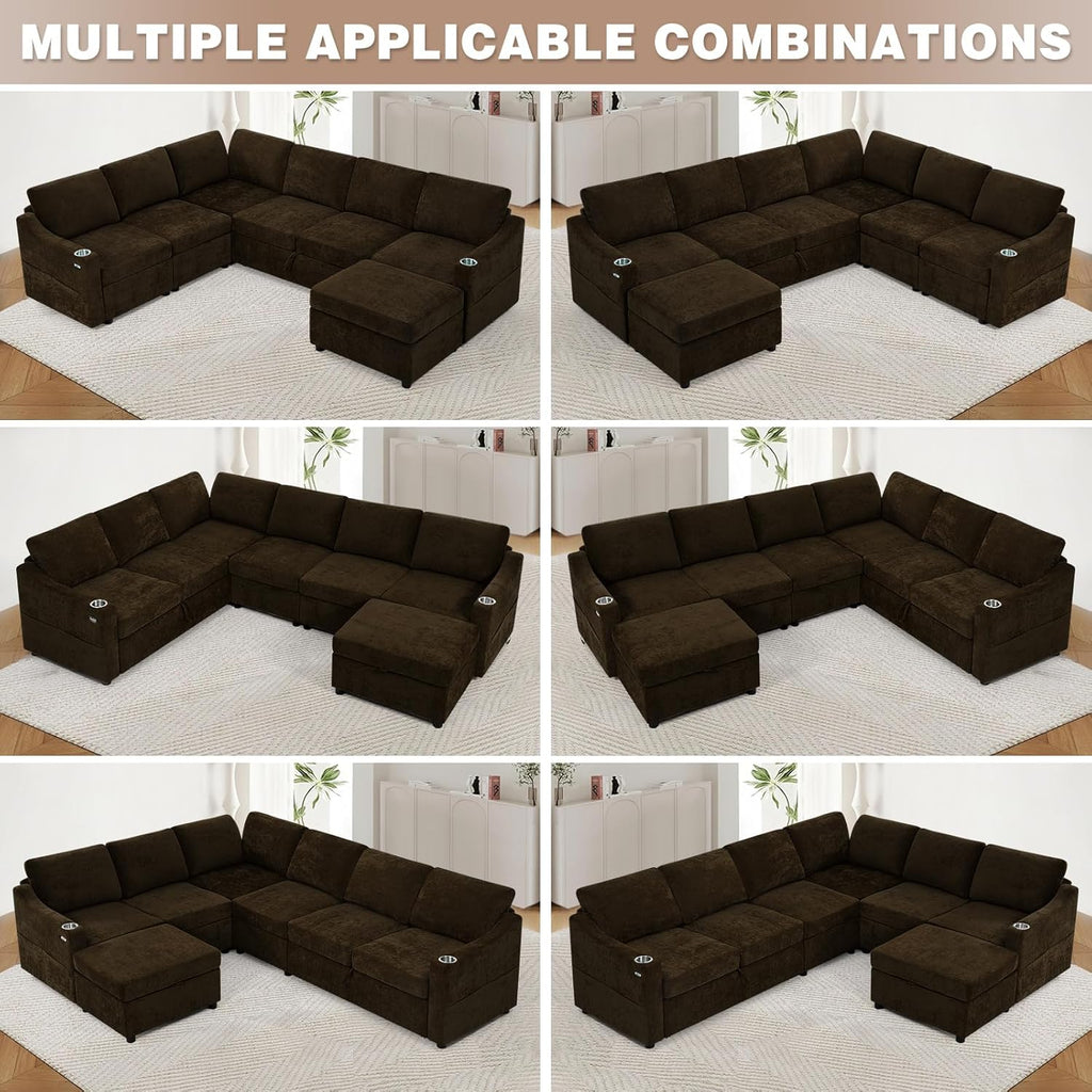 116' Chenille Modular Sofa Bed w/Adjustable Backrests, U-Shape Sleeper Sofa w/USB Ports & Storage Space, Convertible Corner Sectional Couch w/Pull Out Bed for House, Living Room, Brown