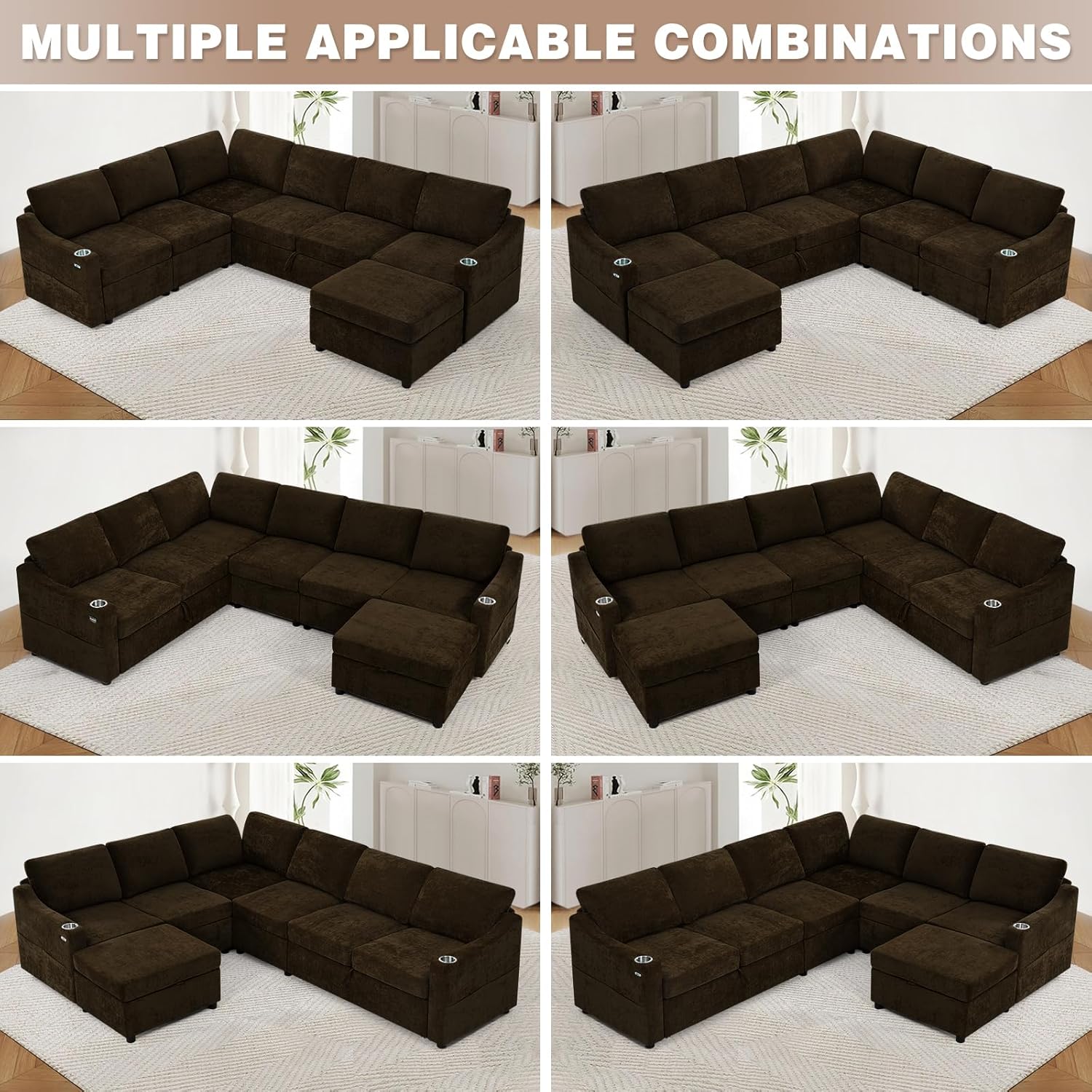 116' Chenille Modular Sofa Bed w/Adjustable Backrests, U-Shape Sleeper Sofa w/USB Ports & Storage Space, Convertible Corner Sectional Couch w/Pull Out Bed for House, Living Room, Brown