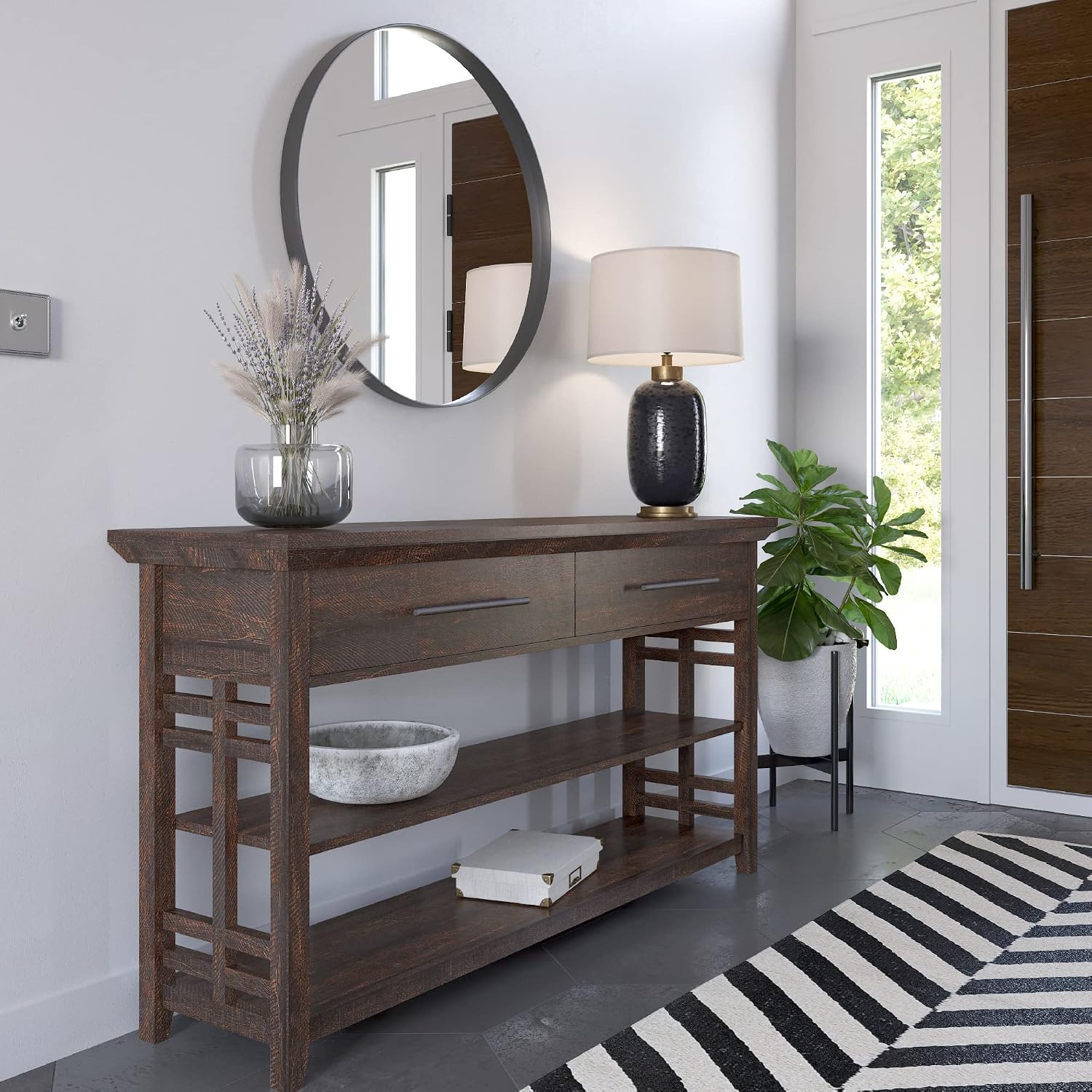 BELLEZE 3 Tier Console Table with Two Storage Shelves & Drawers, Wood Accent Sofa Table for Entryway Living Room Hallway - 55 Inch - Norrell (Espresso)