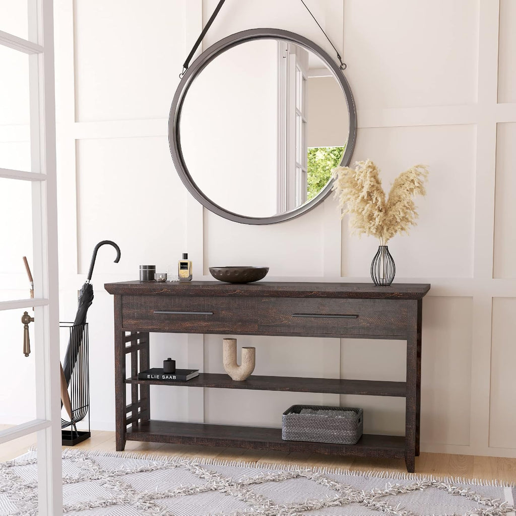 BELLEZE 3 Tier Console Table with Two Storage Shelves & Drawers, Wood Accent Sofa Table for Entryway Living Room Hallway - 55 Inch - Norrell (Espresso)