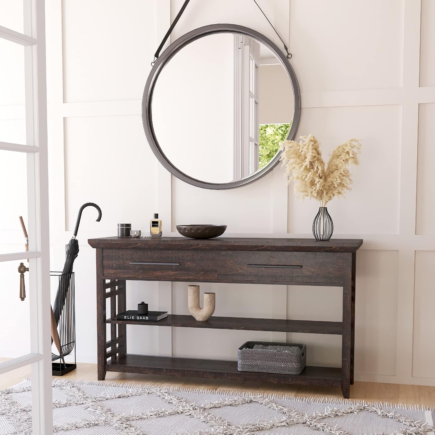 BELLEZE 3 Tier Console Table with Two Storage Shelves & Drawers, Wood Accent Sofa Table for Entryway Living Room Hallway - 55 Inch - Norrell (Espresso)