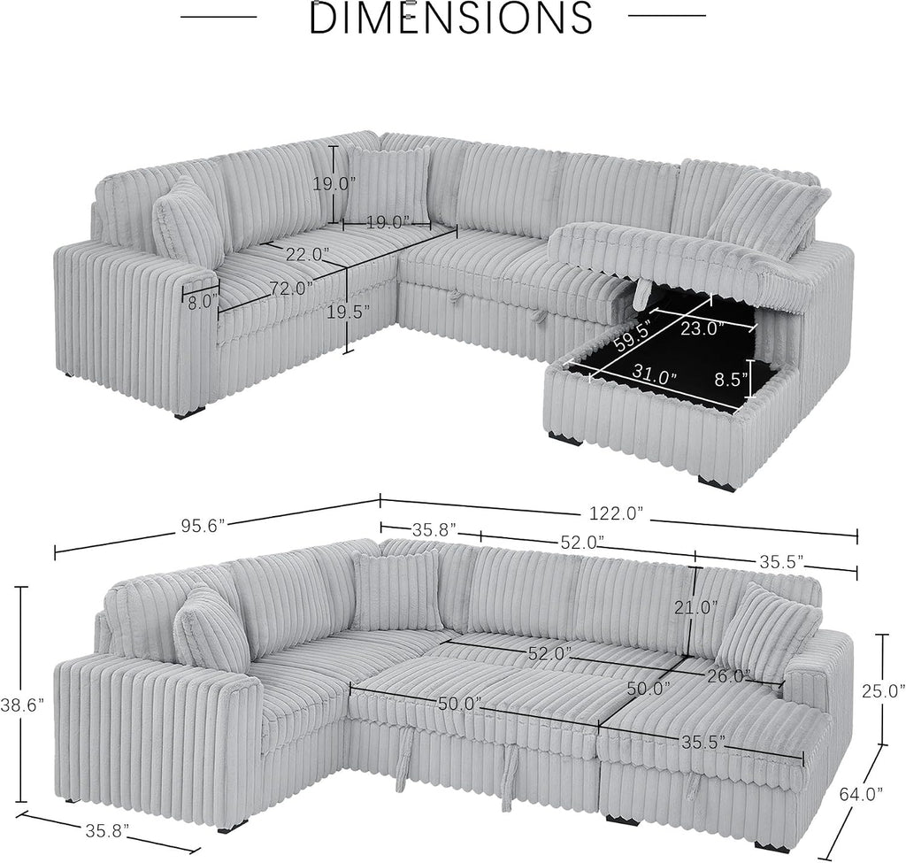 DEINPPA 122 Inch Sleeper Sofa Couch with Pullout Bed, Chunky Furry Corduroy Sectional Sofa with Storage Chaise and Charging Ports, Large Sectional Couches for Living Room-Grey