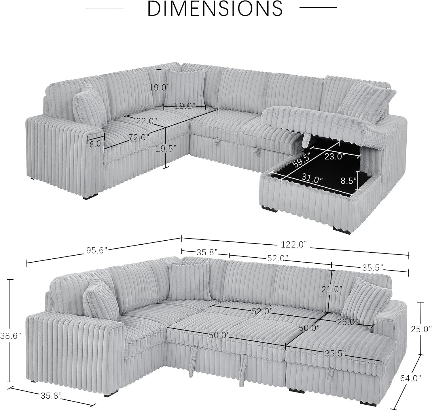 DEINPPA 122 Inch Sleeper Sofa Couch with Pullout Bed, Chunky Furry Corduroy Sectional Sofa with Storage Chaise and Charging Ports, Large Sectional Couches for Living Room-Grey