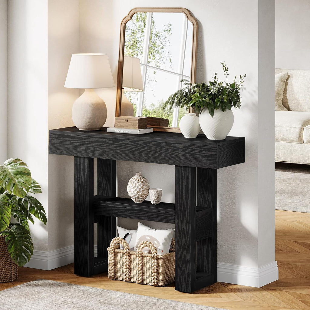 Tribesigns 41.34-Inch Farmhouse Console Table, 2-Tier Narrow Sofa Table Behind The Couch, Entryway Furniture with Storage Shelves for Hallway Foyer Living Room, Black