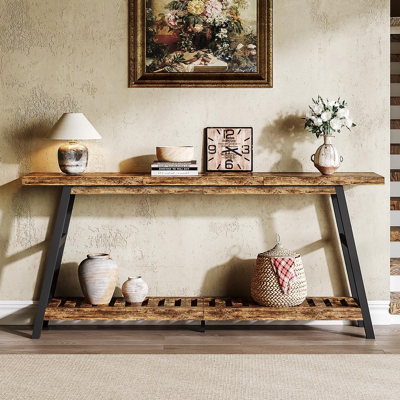 ChooChoo 70.9 Inch Long Console Tables for Entryway, Wood 2-Tier Entry Hallway Table, Narrow Sofa Table Behind Couch Table for Living Room, Entrance, Rustic Brown