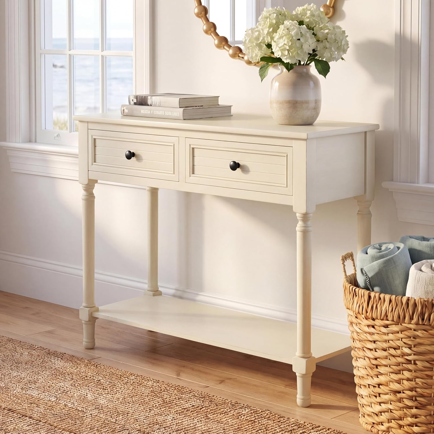 SAFAVIEH Home Collection – Tate Distressed White 2-Drawer Console Table with Shelf, Turned Leg Farmhouse Accent Console for Entryway or Living Room (CNS5720A)