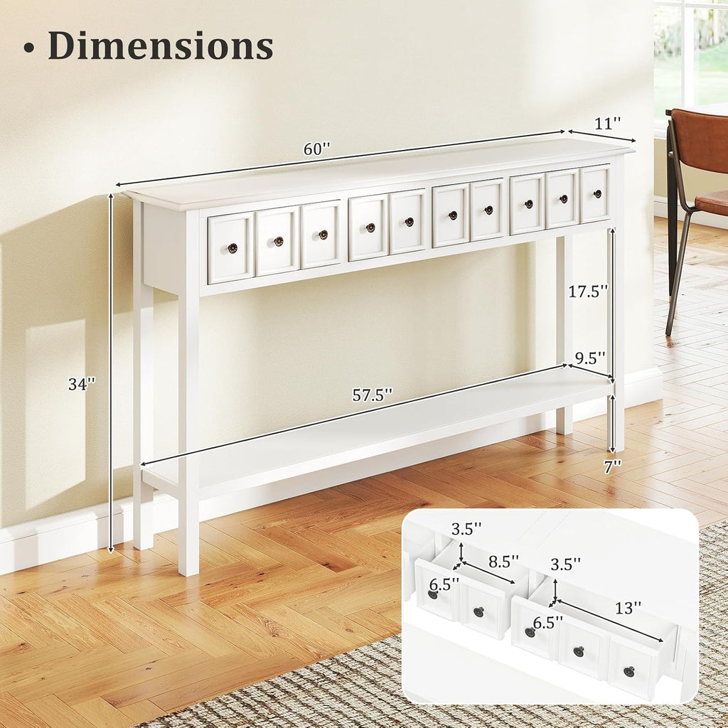 Giantex 60' Entryway Table, Long Narrow Console Table with 4 Drawers and Open Storage Shelf, Modern Slim Entry Tables, Farmhouse Wooden Sofa Tables with Anti-Tip Kit for Living Room, Hallway (White)