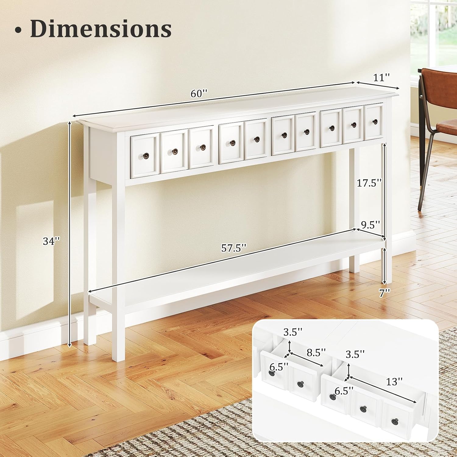 Giantex 60' Entryway Table, Long Narrow Console Table with 4 Drawers and Open Storage Shelf, Modern Slim Entry Tables, Farmhouse Wooden Sofa Tables with Anti-Tip Kit for Living Room, Hallway (White)