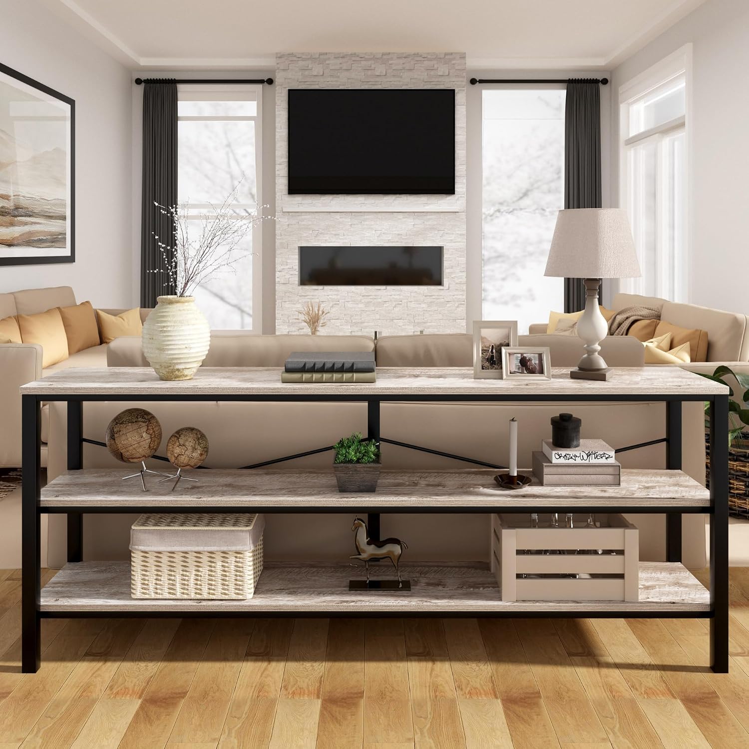 71 Inch Industrial Console Table Behind Couch, Extra Long Sofa Table with 3 Tier Wood Storage Shelves, TV Table with Metal Frame for Living Room, Foyer, Hallway (Oak Grey)