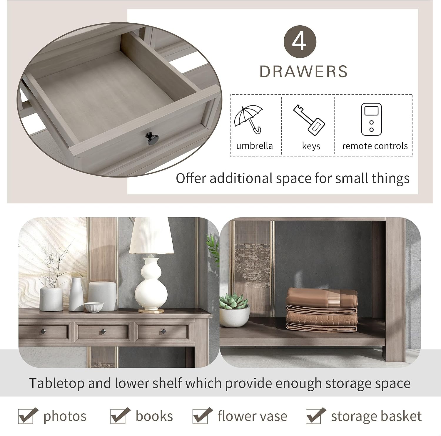 GDFStudio Farmhouse Console Table with 4 Drawer 63' Long Rustic Entryway Table with Open Storage Shelves Vintage Metal Handle Narrow Foyer Sofa Tables for Living Room Entryway Hallway, Gray Wash