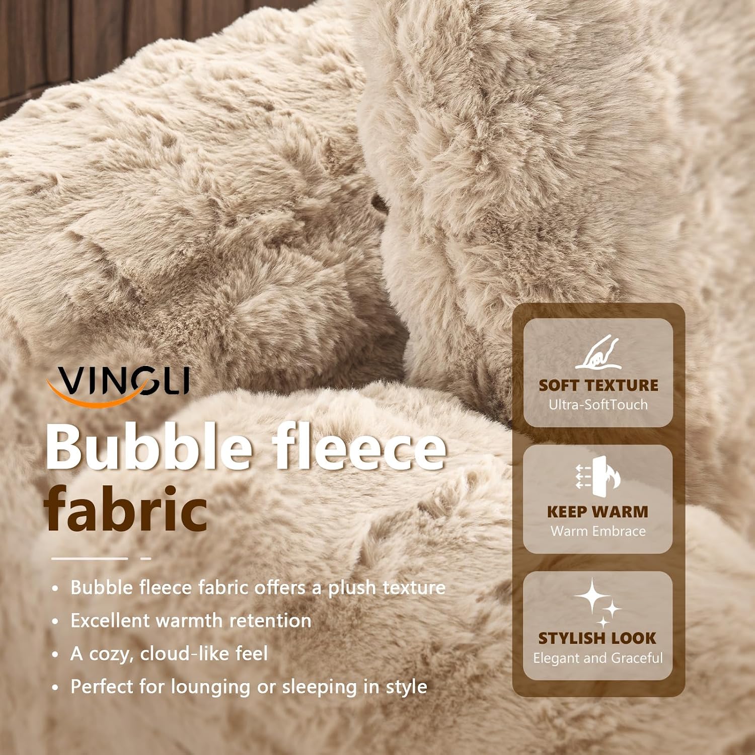 VINGLI Boneless Chaise Lounge Chair, Light Brown Oversized Reading Chair Upholstered Bubble Fleece Cloud Couch Sofa Recliner Bed Comfy Sleeper Sofa for Living Room, Movie Room, Bedroom
