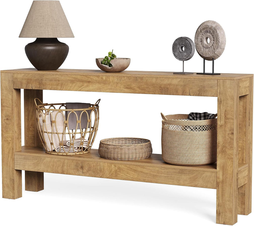 LITTLE TREE 63-Inch Long Console Table for Living Room, Farmhouse Wood Entryway Table for Sofa, Entry, Hallway, Entrance, Foyer, Behind Couch with 2-Tier Narrow Shelf, Oak