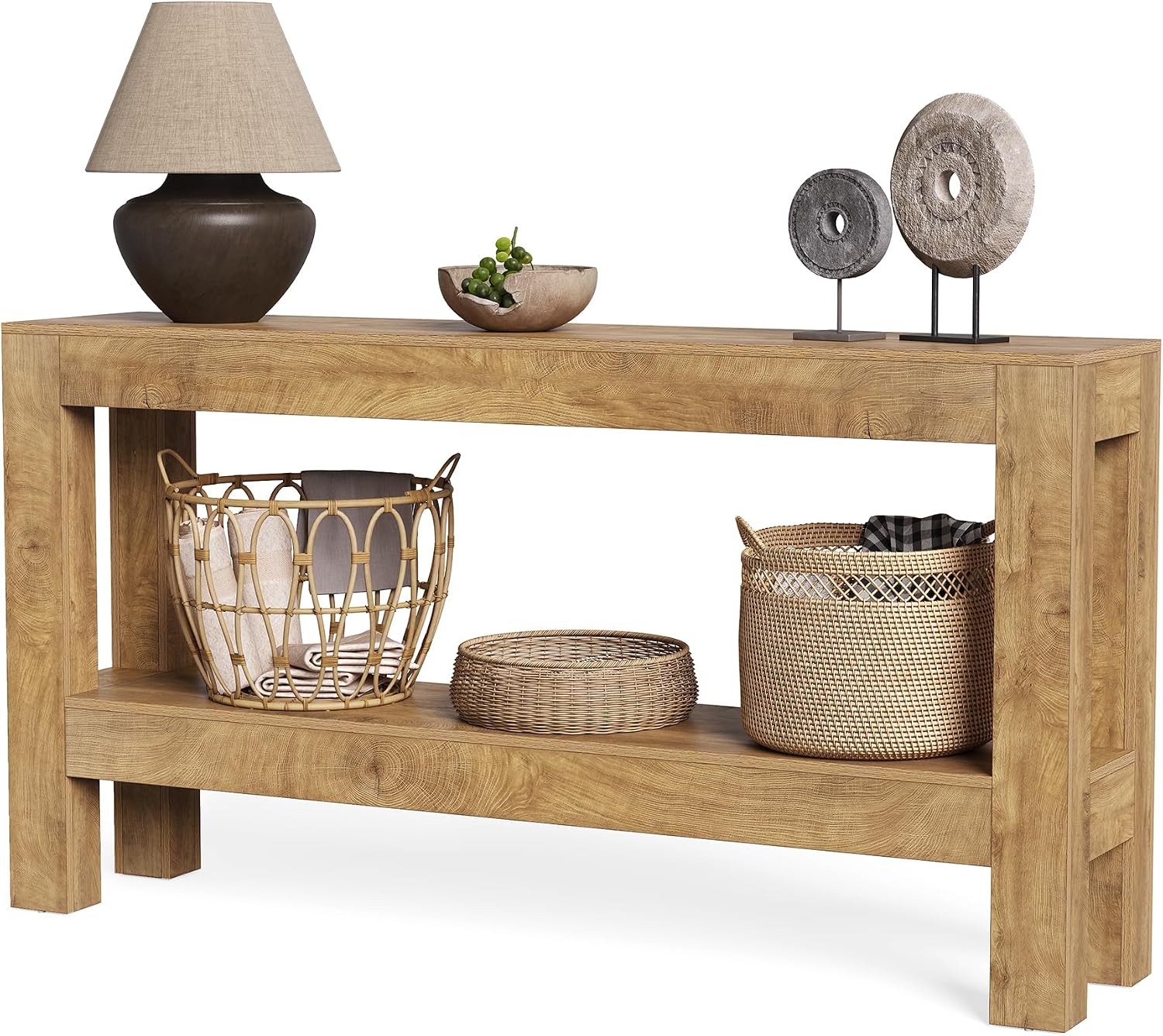 LITTLE TREE 63-Inch Long Console Table for Living Room, Farmhouse Wood Entryway Table for Sofa, Entry, Hallway, Entrance, Foyer, Behind Couch with 2-Tier Narrow Shelf, Oak