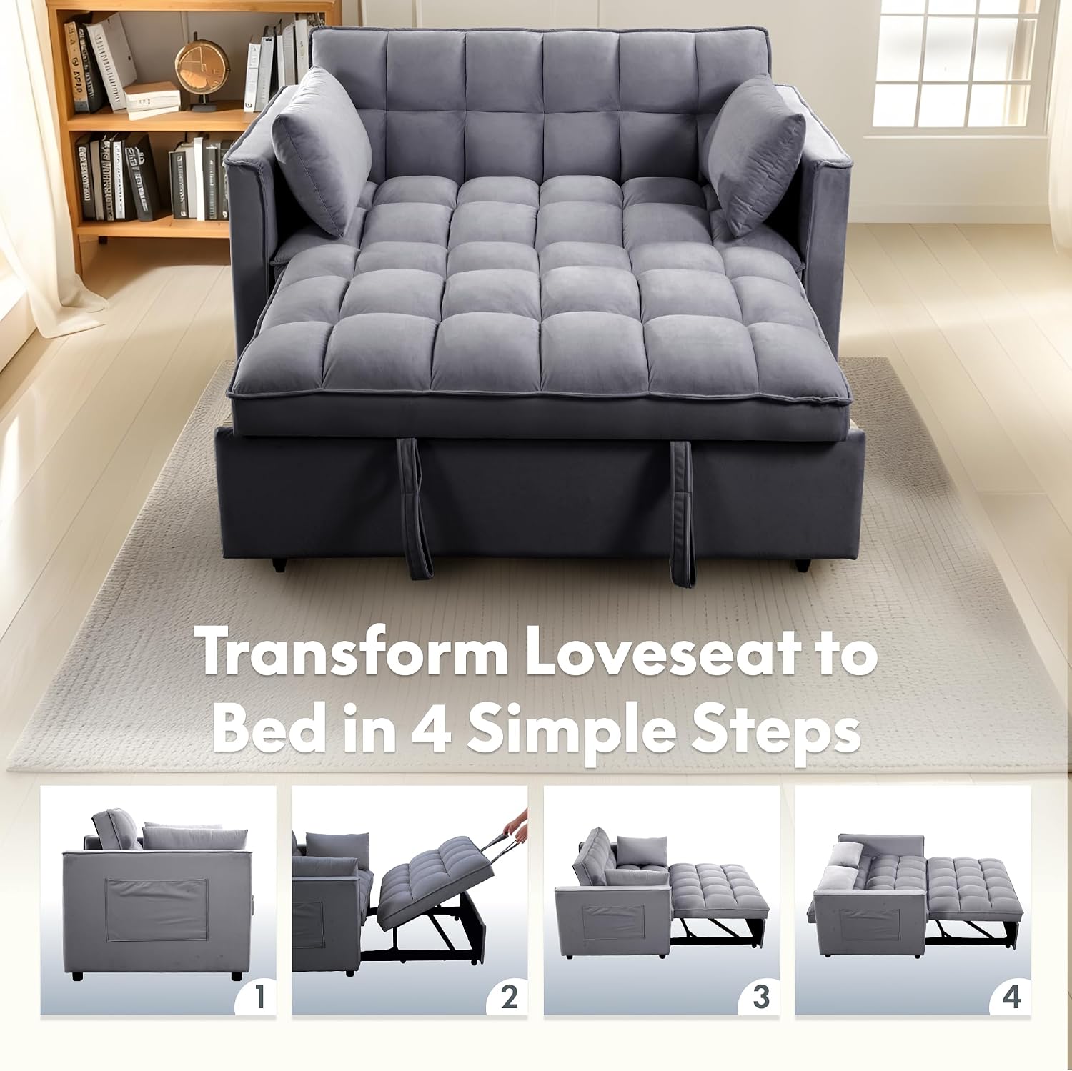 FLEXISPOT XCT4 Pull Out Couch, 3-in-1 Sleeper Sofa Bed with Adjustable Backrest, Loveseat Sleeper with Pillows & Side Pockets, Convertible Futon Couch for Small Spaces Guest Room Apartment, Gray