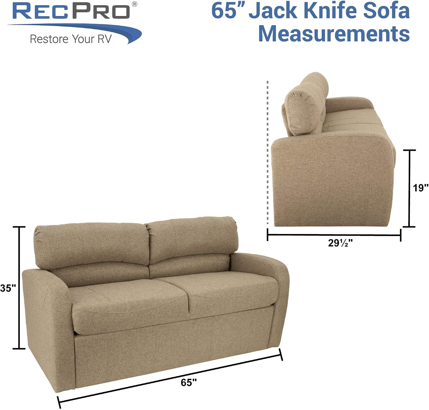 RecPro Charles 65' Jack Knife RV Sleeper Sofa with Arms | RV Furniture | Zero Wall Hugger (Gunmetal)