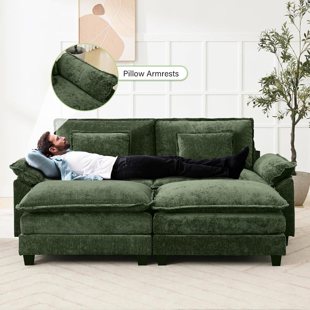 Oprisen 86' Modular Sectional Sofa, Comfy Cloud Couch Sectional Sofa with Ottoman, Chenille Sofa Sleeper Deep Seat Sofa with Throw Pillows for Living Room (Green)