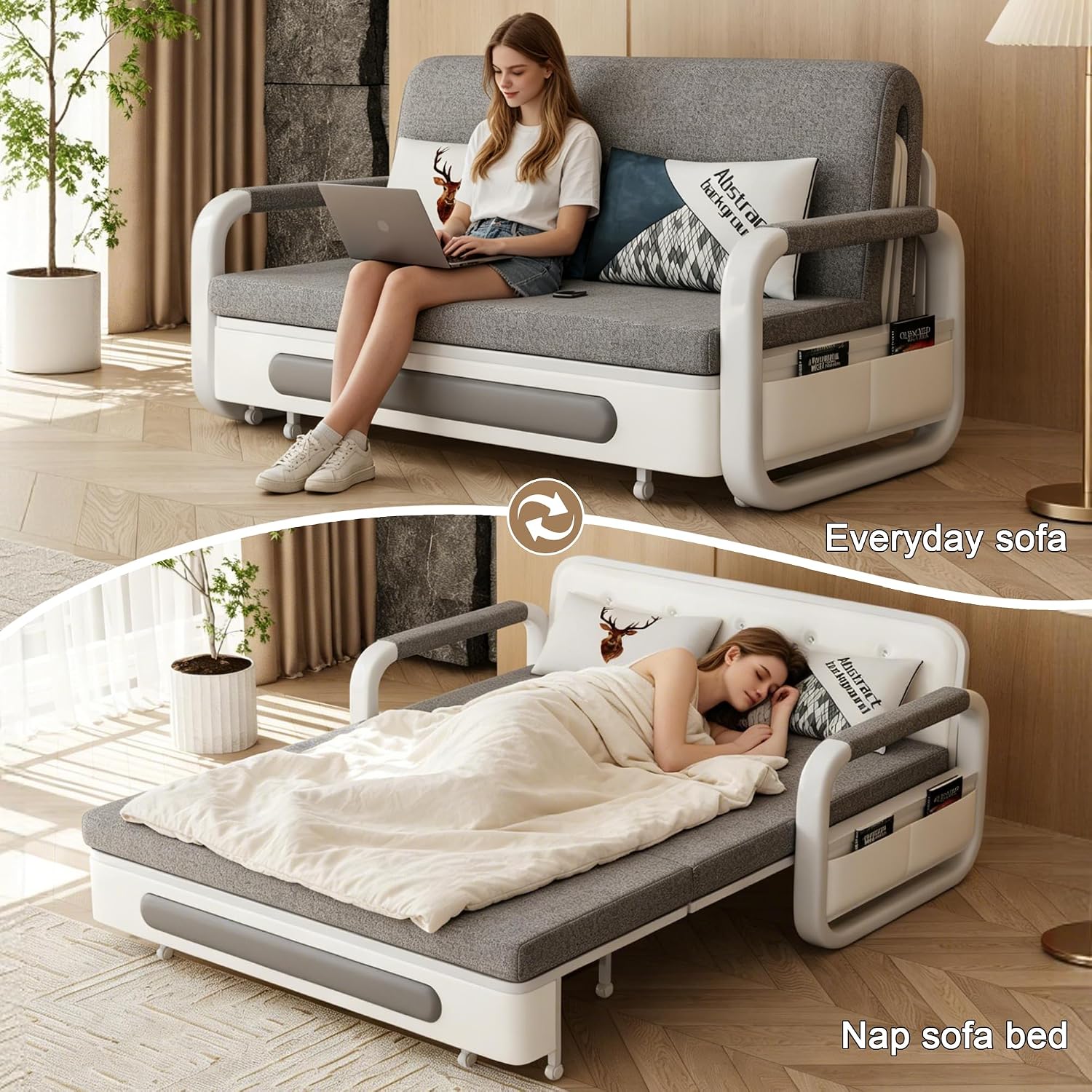 Pull-Out Sofa Daybed with Trundle - Versatile Futon Sleeper Couch for Living Room and Small Spaces (34.6' D x 62.2' W x 34.2' H) - Gray/White Sofa Bed
