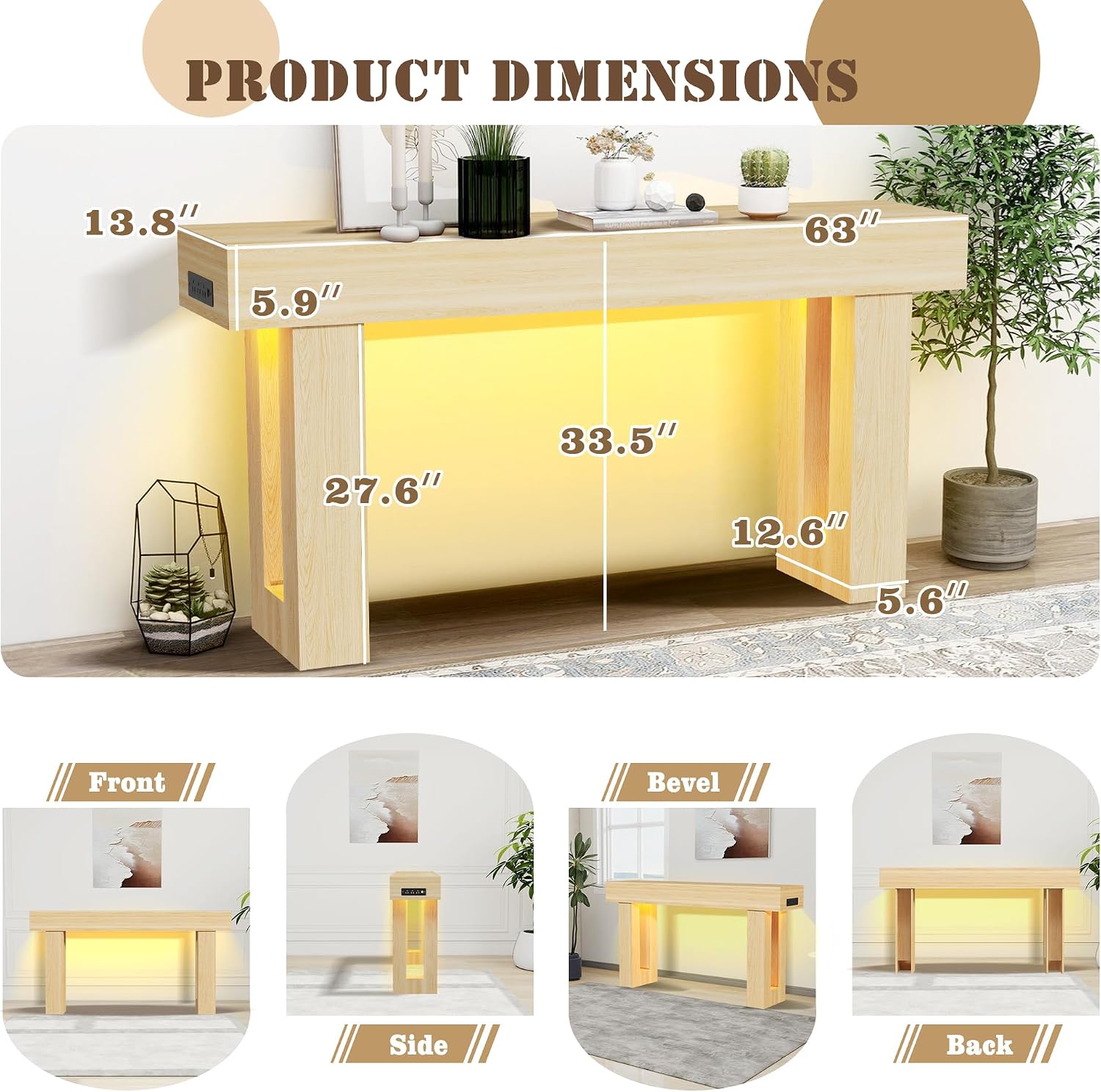 Grepatio 63 Inch Entryway Console Table, Wood Entry way Table with LED Light, Long Console Table with USB Power Outlet, Narrow Sofa Behind Couch Tables for Entrance, Hallway, Living Room (LED Natural)