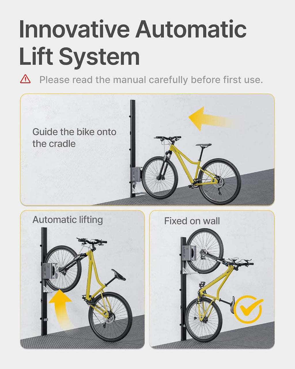 monTEK Automatic Lift Bike Rack – Fits 24-29' Tires, Heavy-Duty Vertical Wall Rack for Bicycles (Up to 71 lbs) - Effortless Lifting, Easy Install - Space-Saving Storage for Garage, Shed, BG