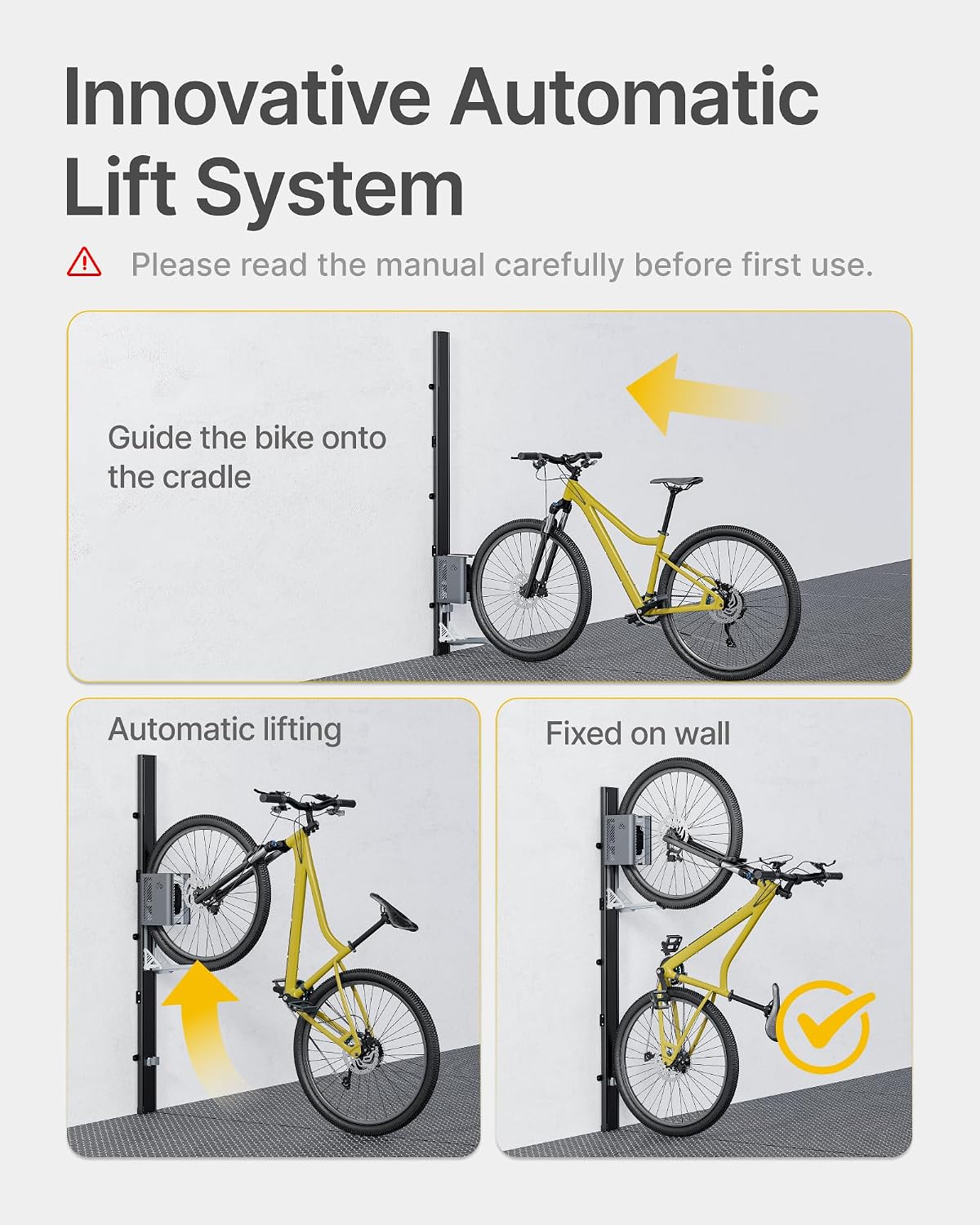 monTEK Automatic Lift Bike Rack – Fits 24-29' Tires, Heavy-Duty Vertical Wall Rack for Bicycles (Up to 71 lbs) - Effortless Lifting, Easy Install - Space-Saving Storage for Garage, Shed, BG