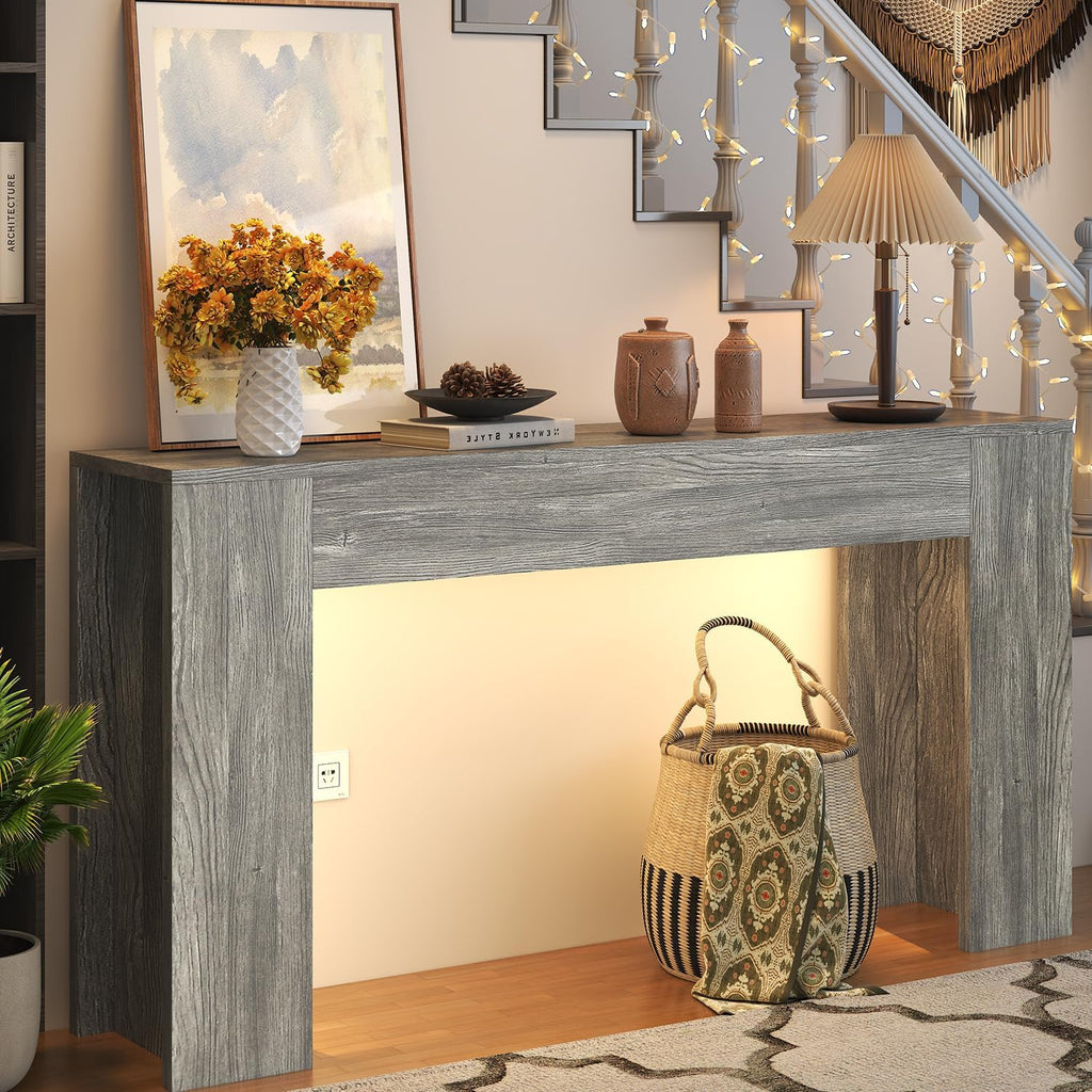 knoworld 63-Inch Long Console Table with LED Light, Farmhouse Sofa Table Behind Couch, Wooden Console Table for Entryway Hallway Entrance Living Room, Gray