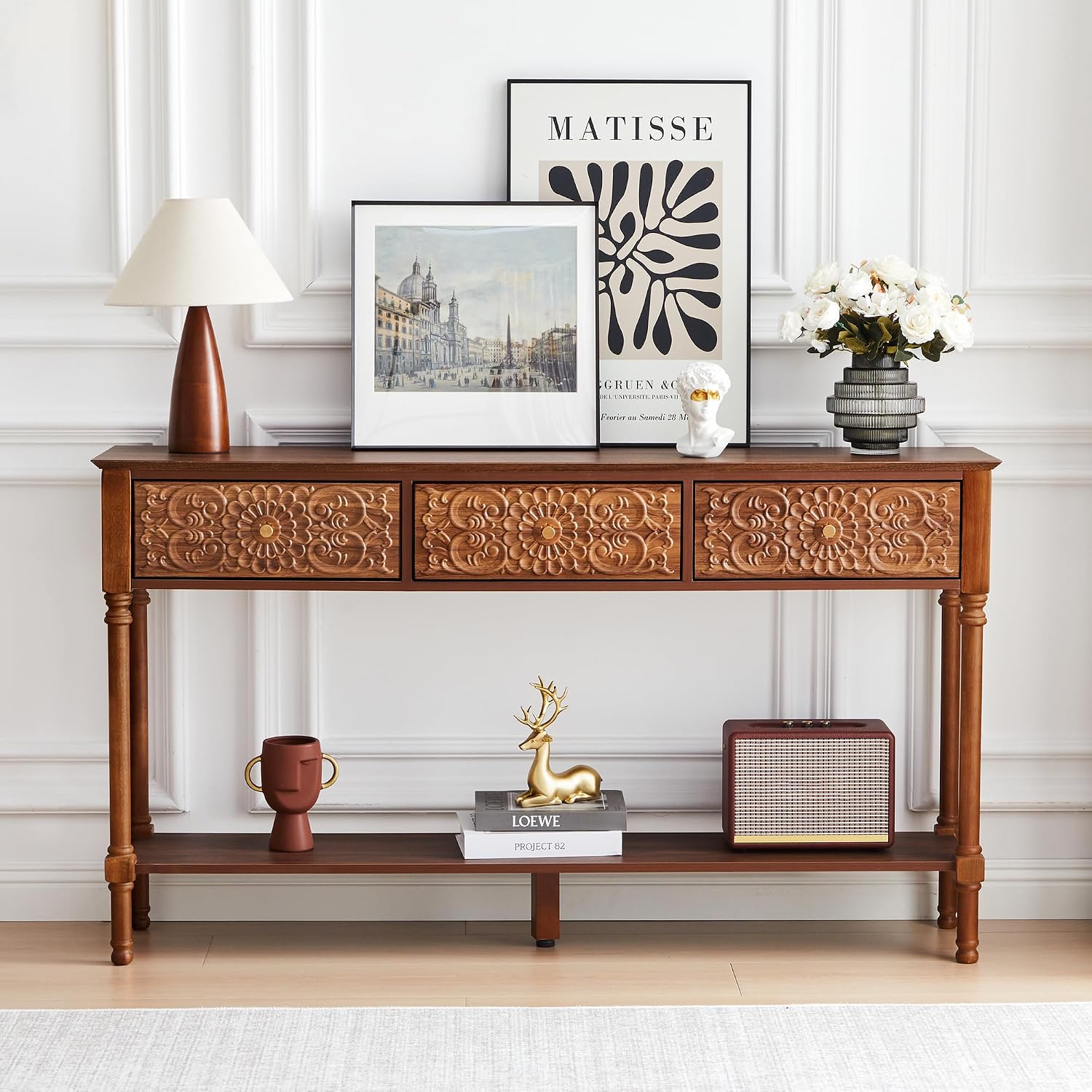 weselon 55.5' Carved Console Table with 3 Drawers, 2-Tier Sofa Table with Glossy Floral Surface and Solid Wood Legs, Mid-Century Modern Entryway Table for Living Room Hallway (Walnut)