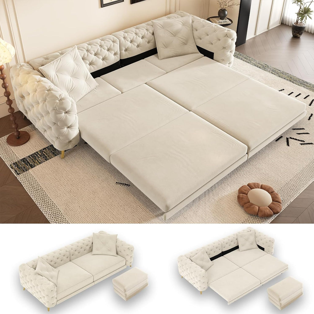 97.7'' Pull Out Sofa Bed King, Chesterfield Velvet Sleeper Sofa, Convertible L-Shaped Futon Couch, Tufted Back, 2 Pillows, Ottoman, Deep Seat Loveseat Couches for Living Room, Apartment, Beige
