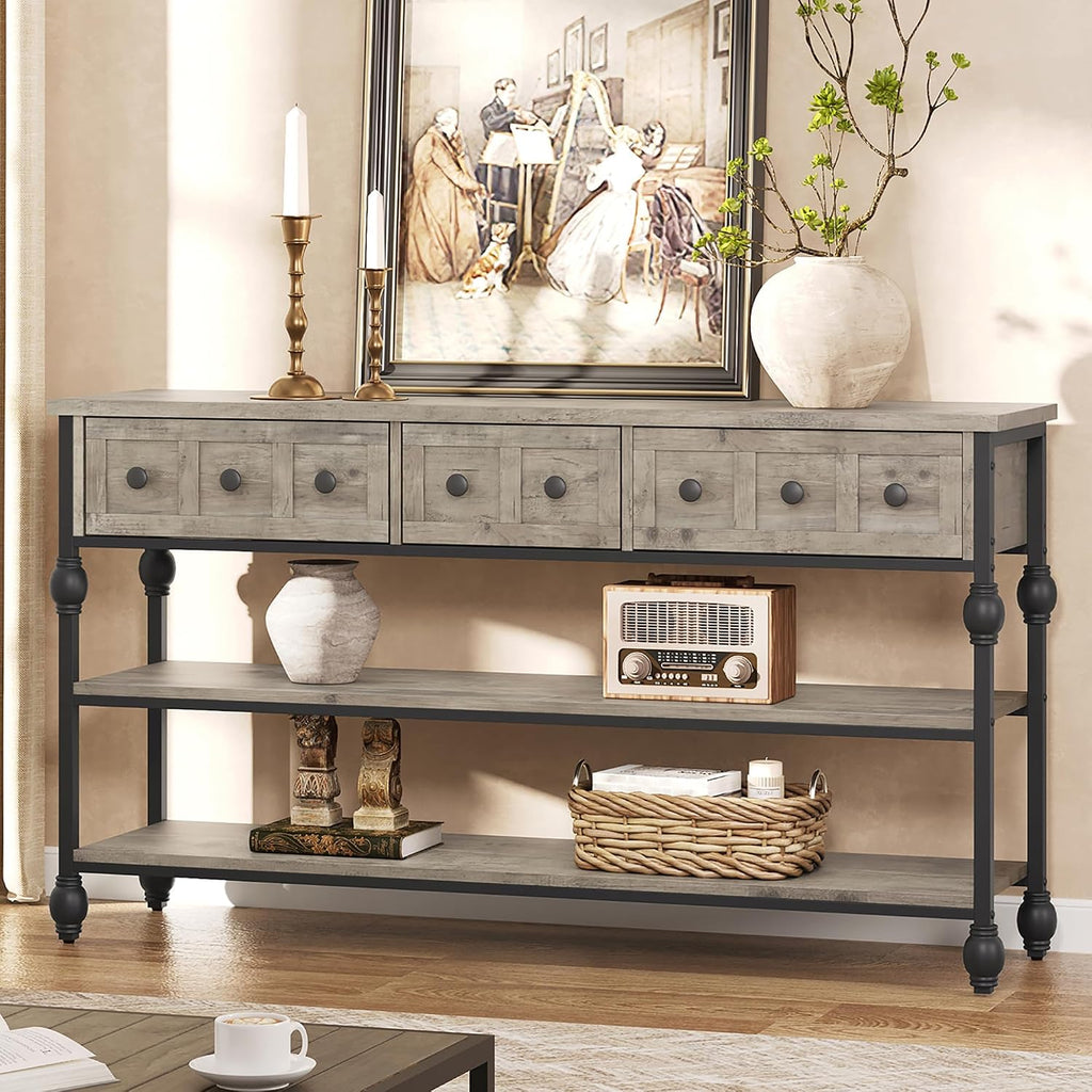 Garvee Console Sofa Table 53 in, Entryway Table with 3 Drawers, 3 Tier Metal Sofa Table, Open Shelf Behind Couch Table for Hallway, Living Room, Roman Column Design, Grey