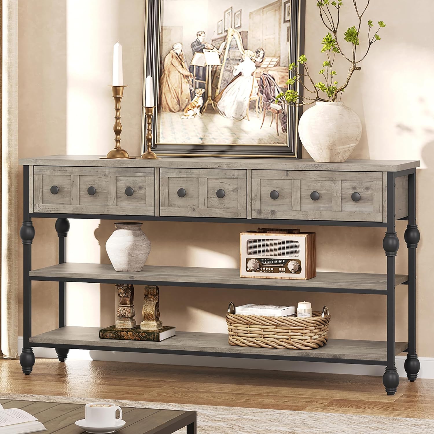 Garvee Console Sofa Table 53 in, Entryway Table with 3 Drawers, 3 Tier Metal Sofa Table, Open Shelf Behind Couch Table for Hallway, Living Room, Roman Column Design, Grey