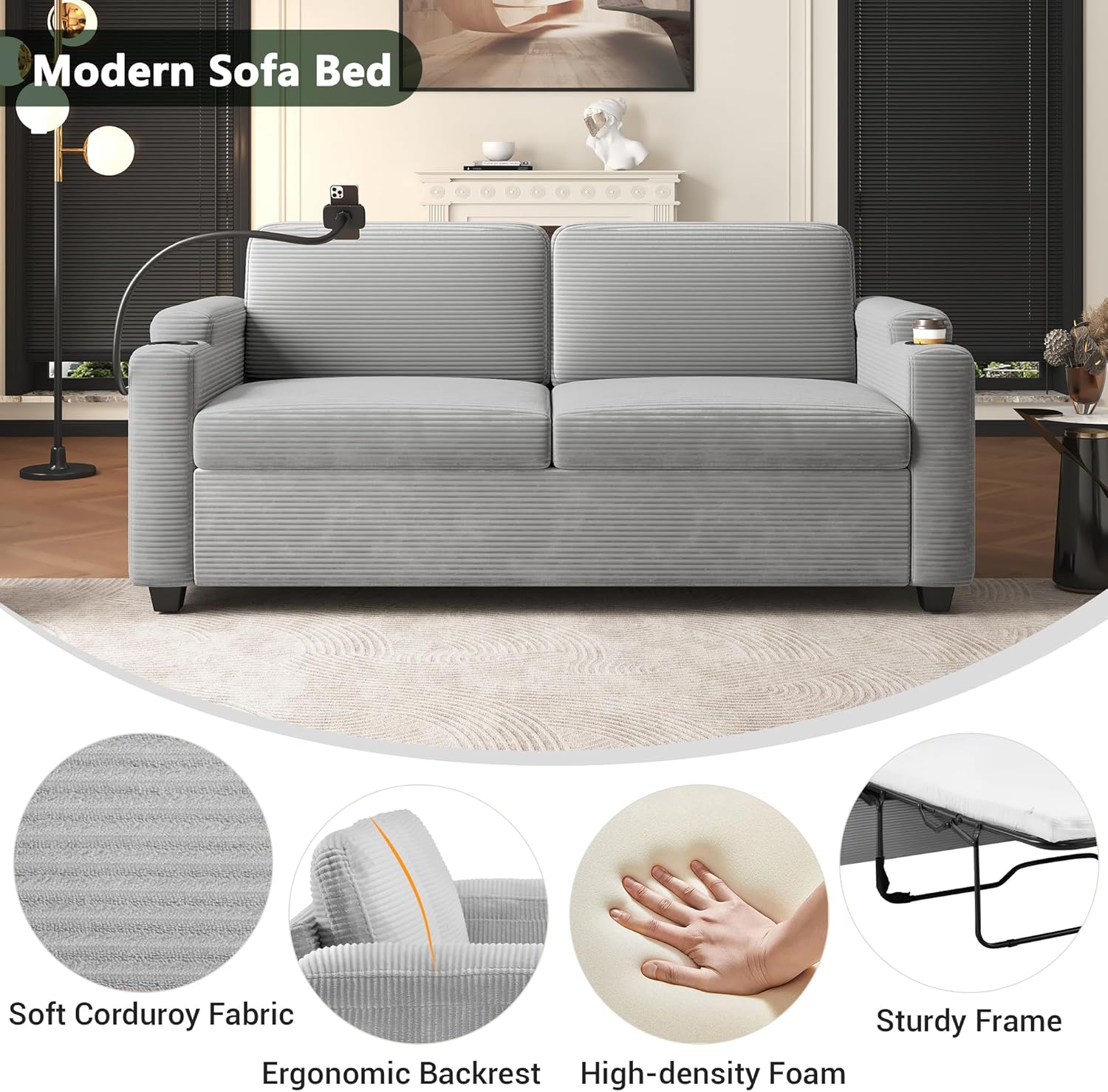 Merax 72.8' Corduroy Sleeper Sofa Bed with Full Size Mattress, Futon Couches with USB Ports | Phone & Cup Holders| Side Pockets,Pull Out Couch for Living Room, Small Loveseat, Grey