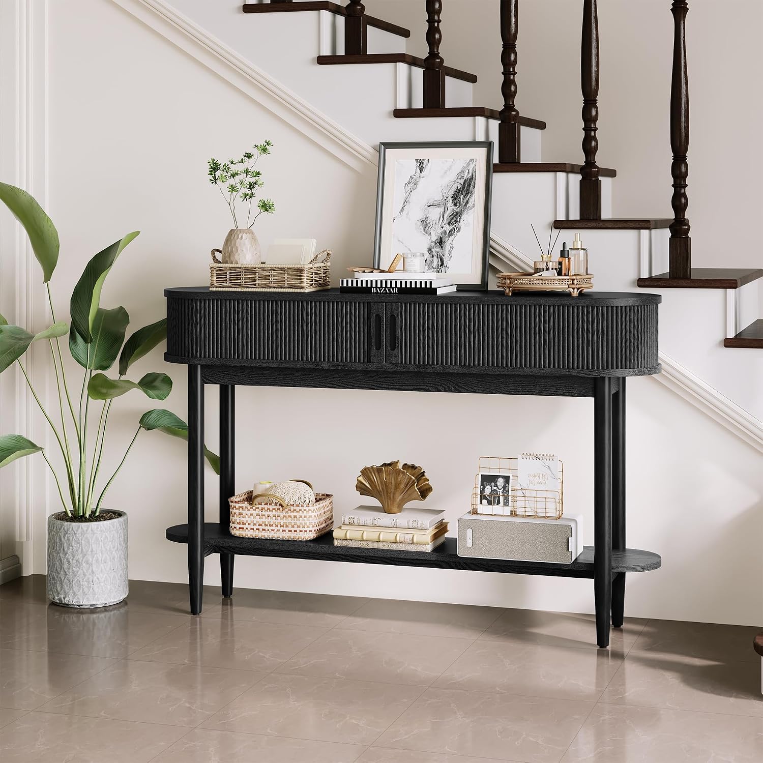 LINSY Fluted Console Table with Storage, Entryway Table Wood Entrance Tables for Front Door, Behind Couch Sofa Table with Shelves, Foyer Tables for Hallways, Living Room (Black)