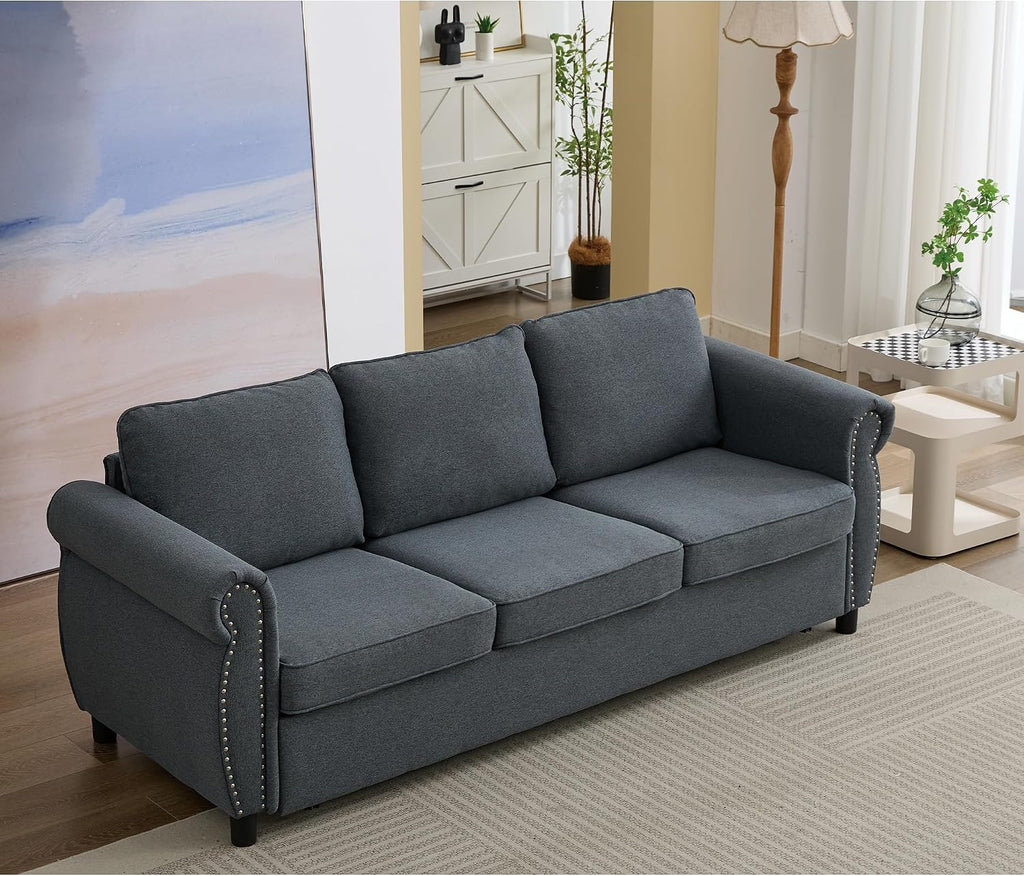 Sleeper Sofa Bed Full Size, Pull Out Couch with Mattress, 81.5'' 3 Seater Upholstery Sectional Couches, Modern Linen Convertible Sofa, Living Room Furniture for Small Spaces, Apartment, Grey | Memory Foam Mattress