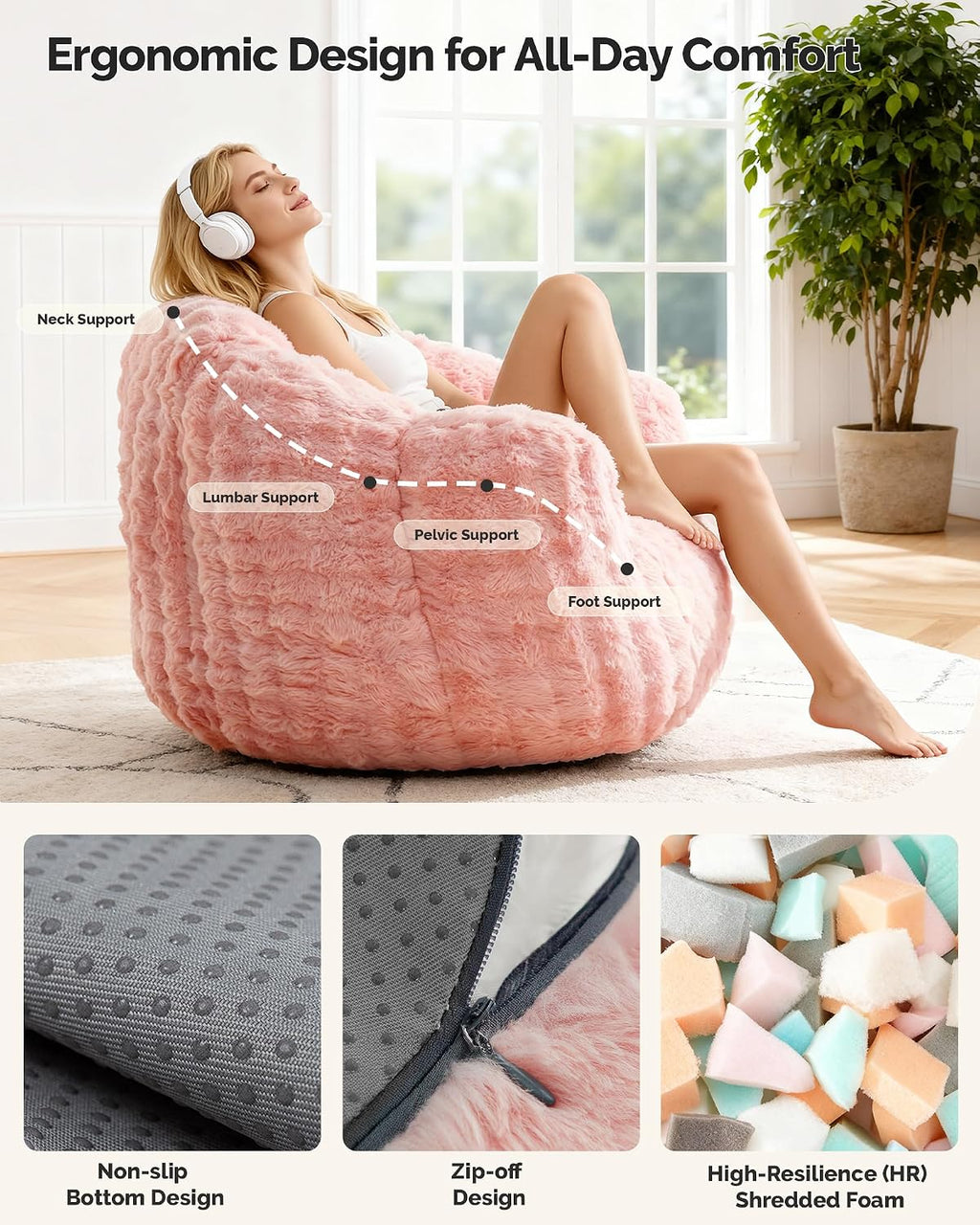 KINGYES Bean Bag Chair, Giant Bean Bag Couch with Memory Foam Filled, Gaming Beanbag Chair for Adults, Bean Bag for Kids & Teen, Pink