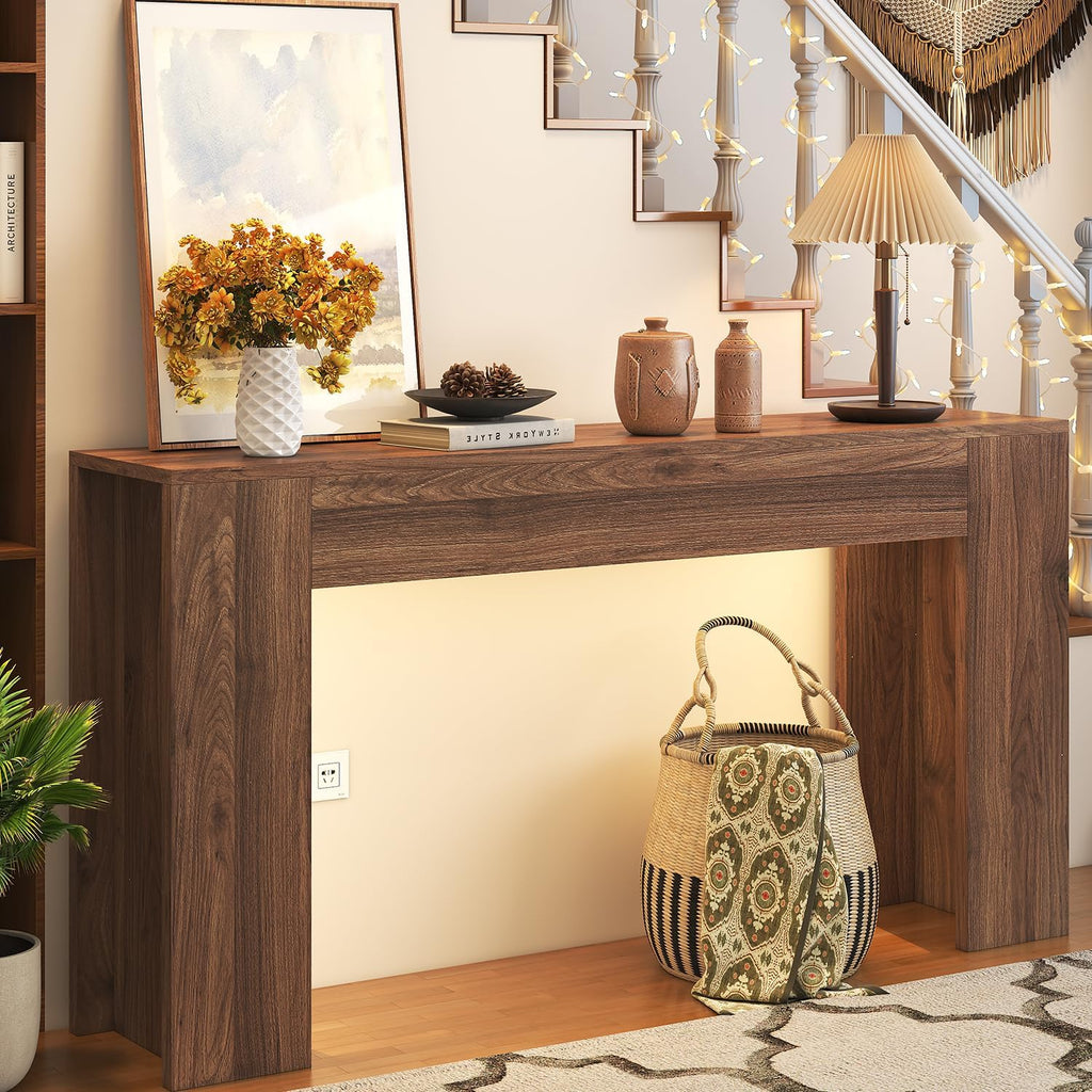 knoworld 63-Inch Long Console Table with LED Light, Farmhouse Sofa Table Behind Couch, Wooden Console Table for Entryway Hallway Entrance Living Room, Brown
