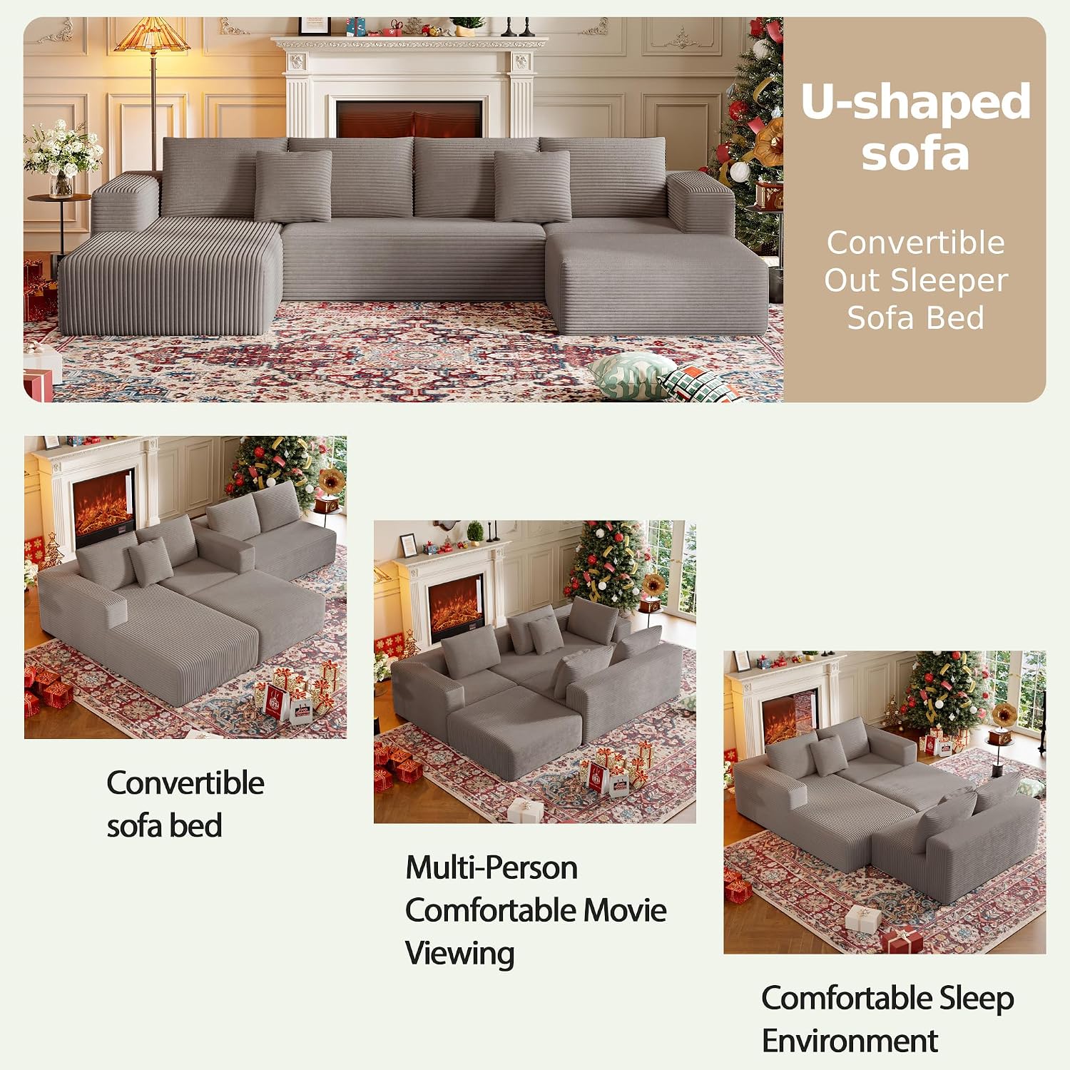 CHORRO134.6''Sectional Boneless Couch for Livingroom,Modular Corduroy Cloud Couch, U-Shaped Sofa with Chaise and Pillows,4-Deep Seat Sectional Sofa with 1 Ottoman,(Camel,Left Chaise)