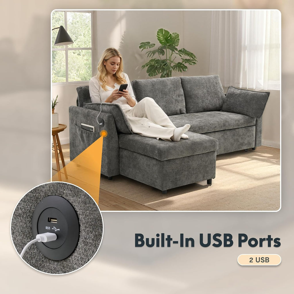 FLEXISPOT XB5 78' Pull Out Couch Bed with Storage Chaise,3-Seater Sectional Sofa Bed with USB Charging Ports, 2-in-1 Convertible Sofa Couch for Living Room Apartment, Easy to Assemble(Gray)