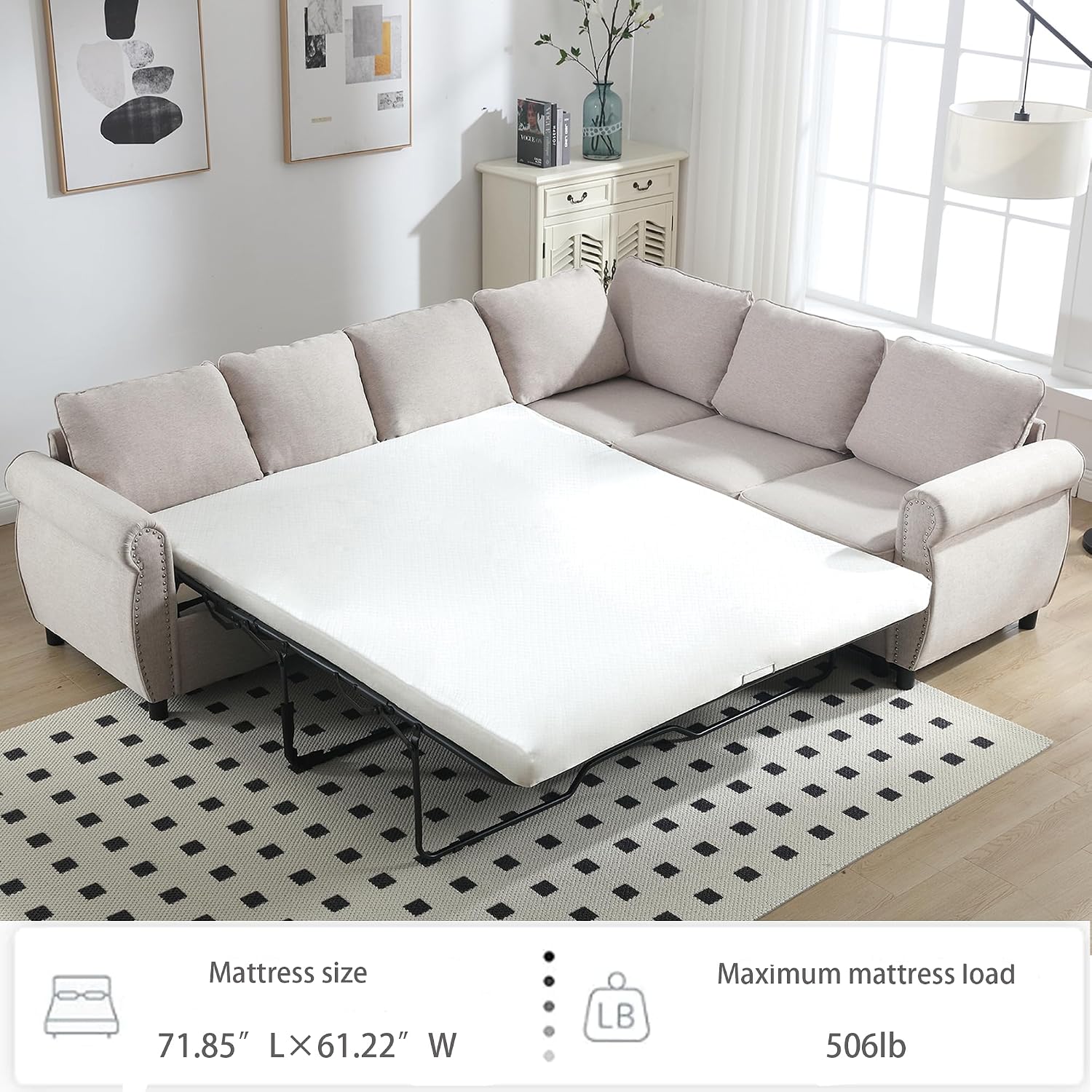 104'' Sleeper Sofa Bed Queen, L Shaped Sectional Sofa with Pull Out Couch Bed, Queen Size 6 Seater Couch with Memory Foam Mattress, Sectional Couches for Living Room Furniture Set, Beige
