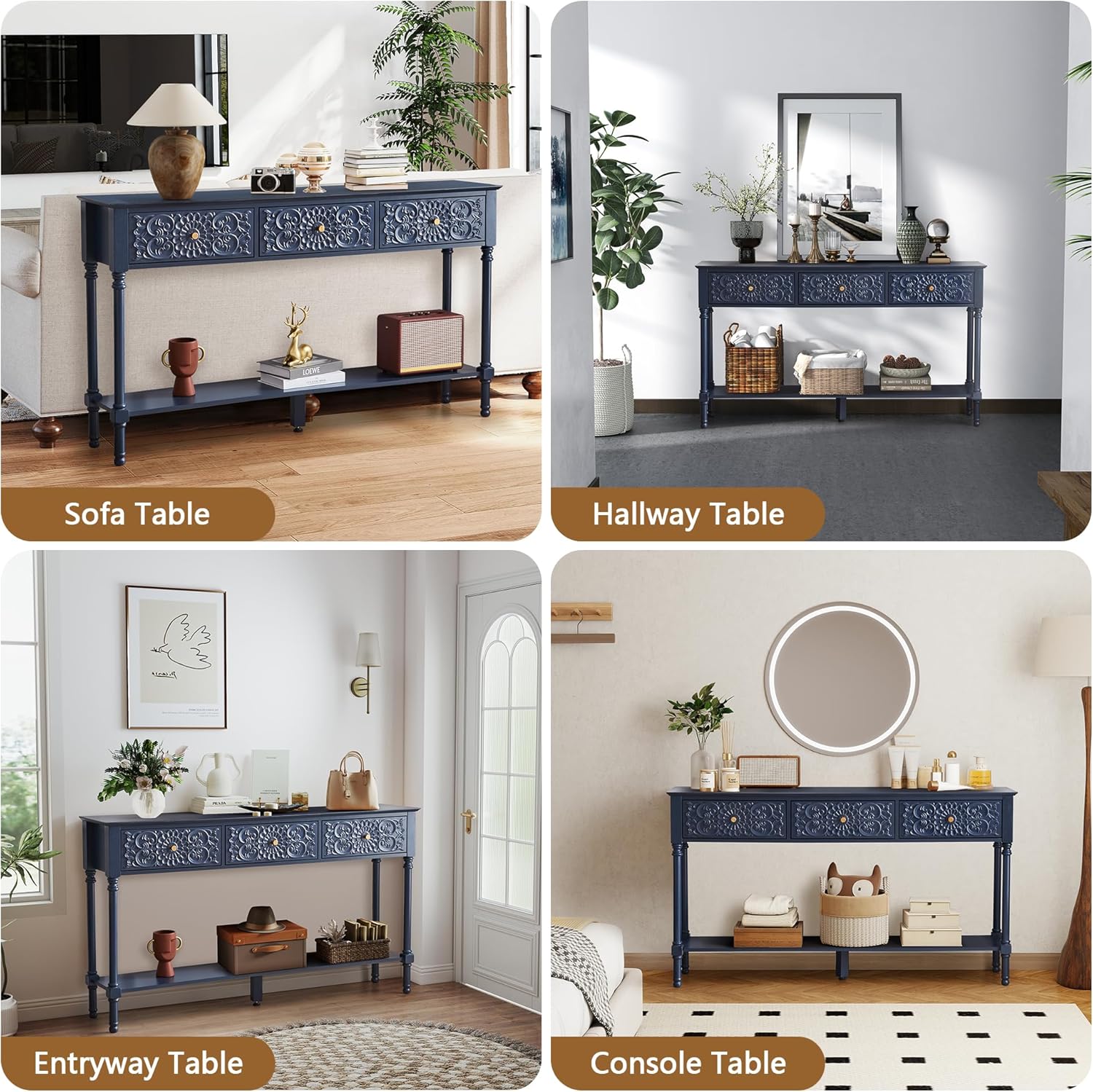 weselon 55.5' Carved Console Table with 3 Drawers, 2-Tier Sofa Table with Glossy Floral Surface and Solid Wood Legs, Mid-Century Modern Entryway Table for Living Room Hallway (Midnight Blue)