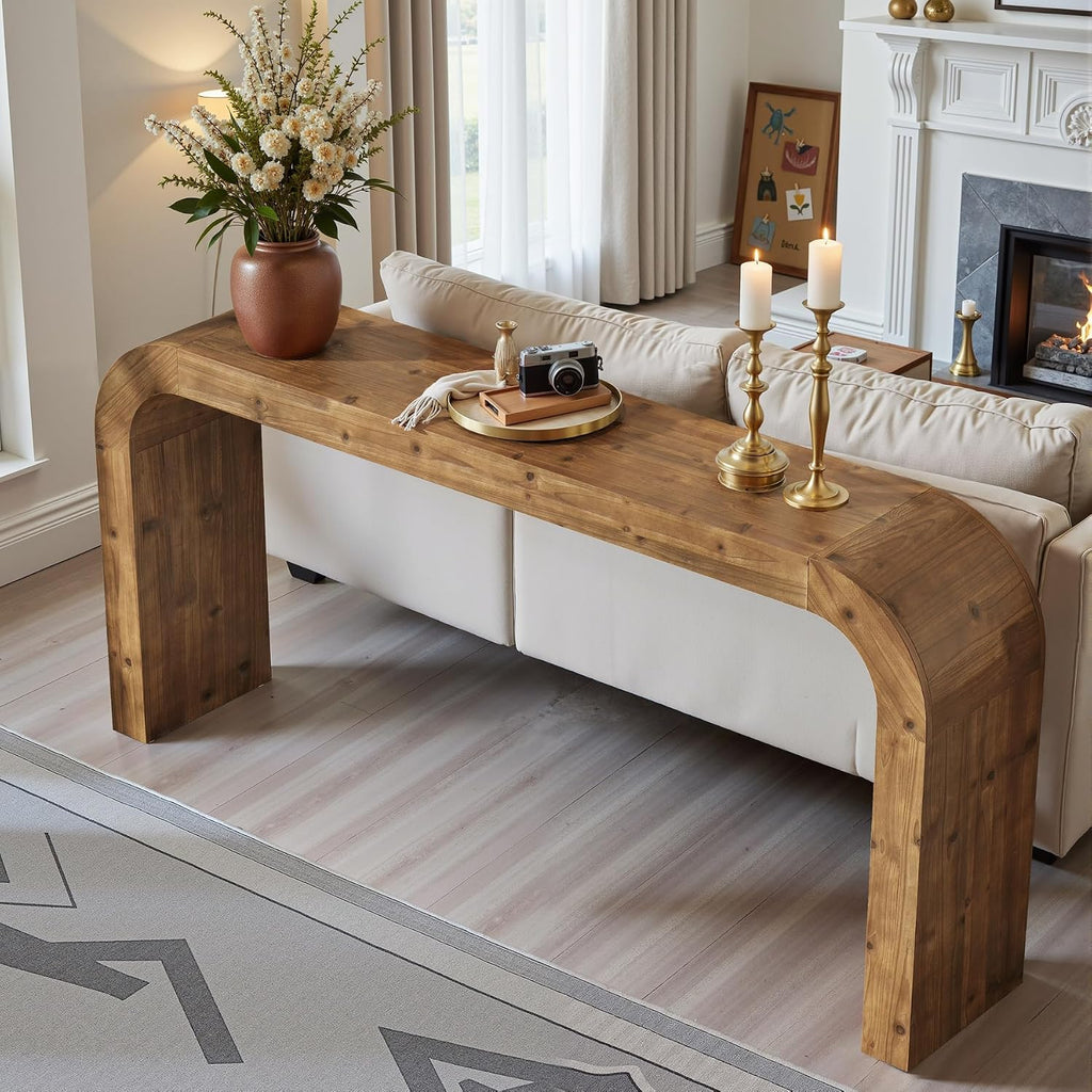 Solid Wood Console Table, 70.87-Inch Farmhouse Sofa Table with Waterfall Curved Corners for Hallway, Living Room, Behind Couch, Entrance (Natural Wood)