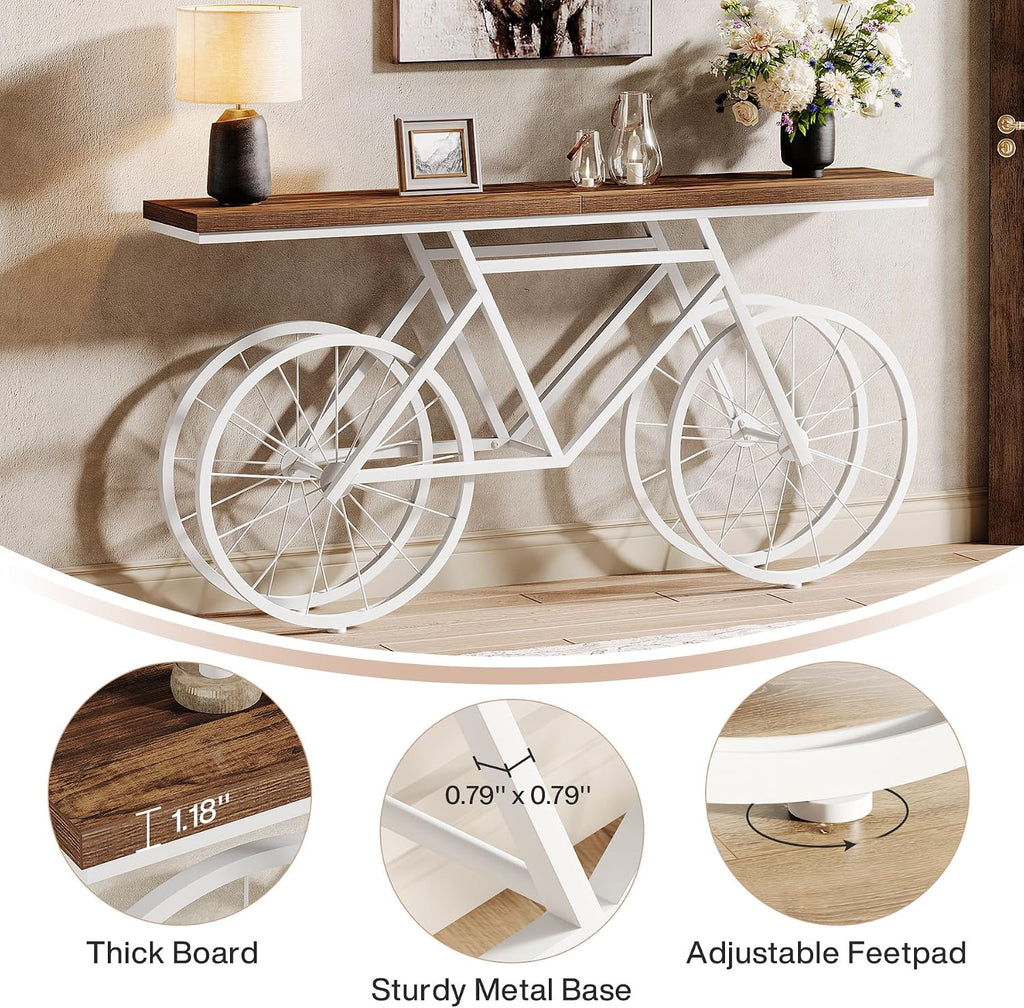 Tribesigns 70.9-Inch Extra Long Console Table, Narrow Sofa Table with Bicycle Metal Base, Modern Industrial Entryway Table for Living Room, Hallway, Entrance, Foyer, Rustic Brown & White