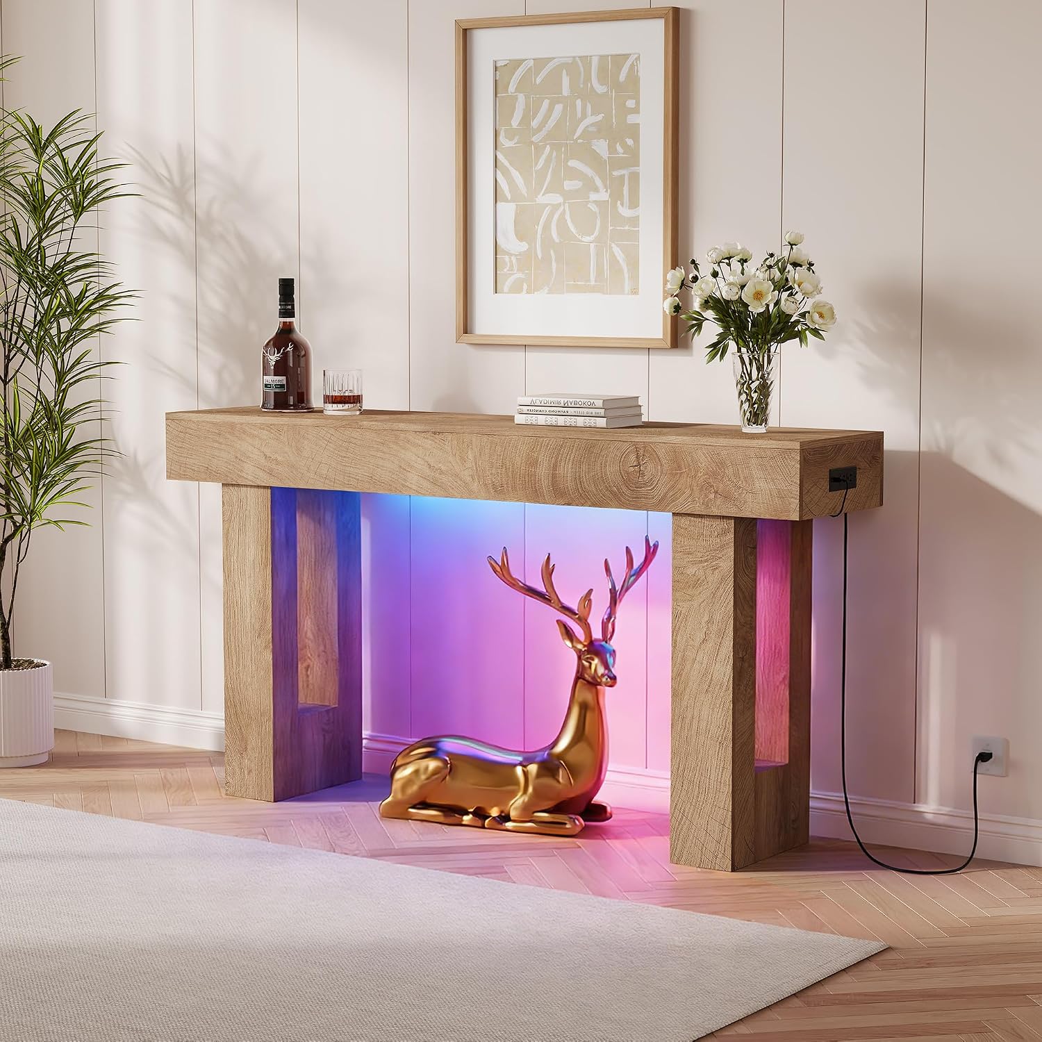 63-Inch Long Console Table with Colorful LED Lights, Wooden Rectangular Sofa Table with Charging Station & 6-Color Multi-Functional Light, Accent Tables for Hallway, Entrance, Foyer