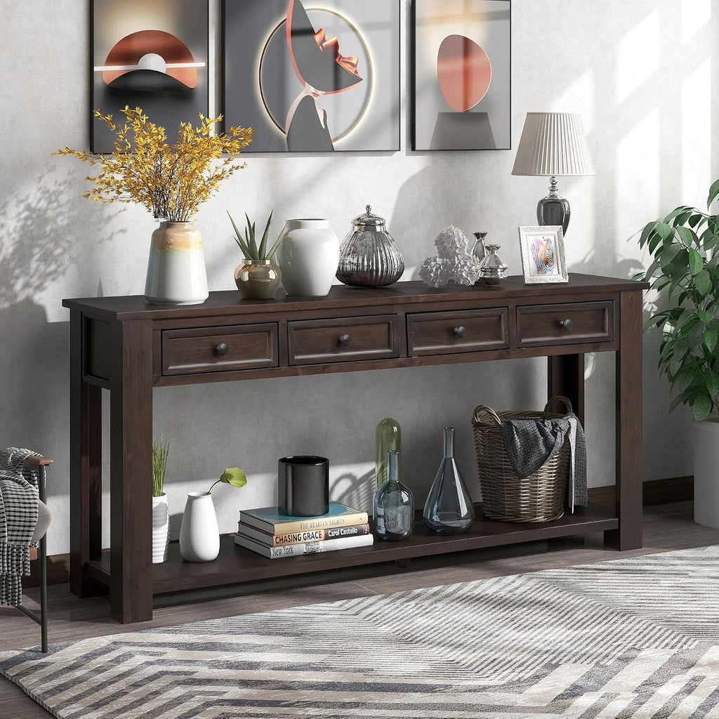 GDFStudio Farmhouse Console Table with 4 Drawer 63' Long Rustic Entryway Table with Open Storage Shelves Vintage Metal Handle Narrow Foyer Sofa Tables for Living Room Entryway Hallway, Espresso Brown