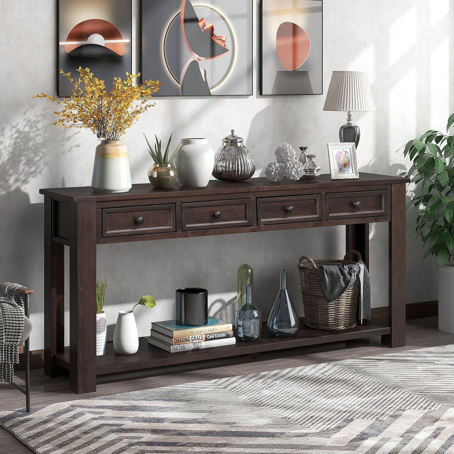 GDFStudio Farmhouse Console Table with 4 Drawer 63' Long Rustic Entryway Table with Open Storage Shelves Vintage Metal Handle Narrow Foyer Sofa Tables for Living Room Entryway Hallway, Espresso Brown