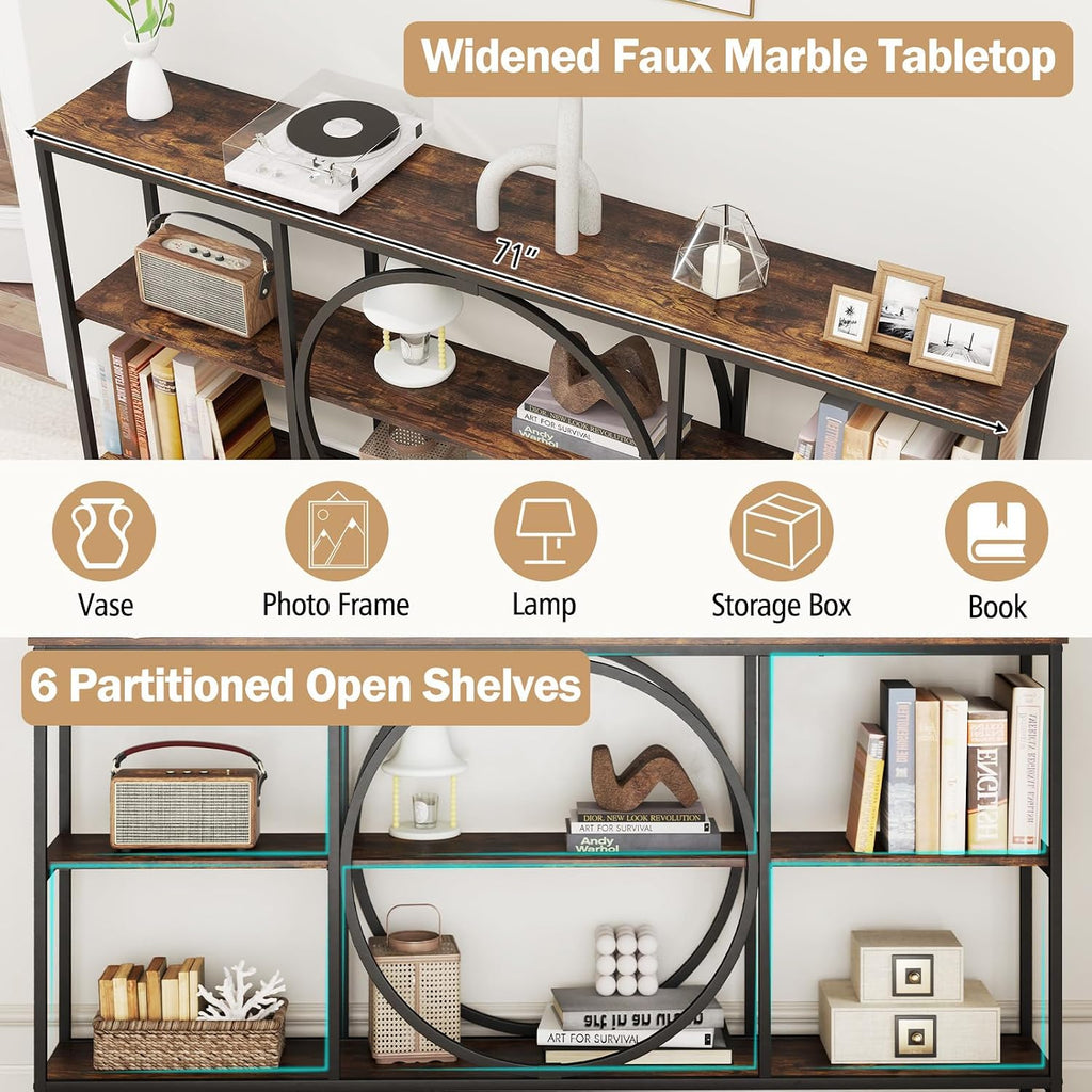 Giantex Narrow Long Console Table, 3-Tier Entryway Table with Faux Wood Grain Top&Heavy-Duty Metal Frame, Mid-Century Accent Sofa Tables with Open Storage Shelves for Living Room, Hallway(Brown+Black)