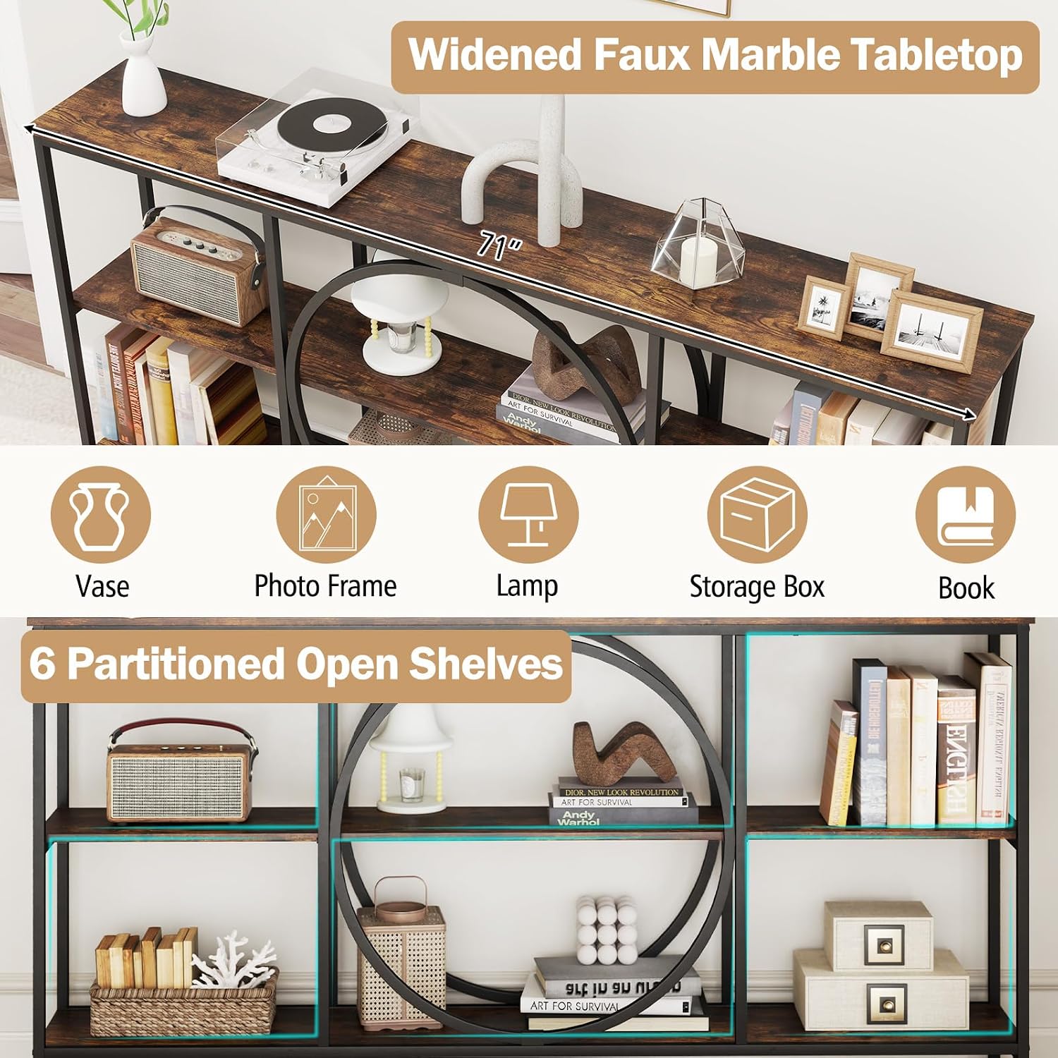 Giantex Narrow Long Console Table, 3-Tier Entryway Table with Faux Wood Grain Top&Heavy-Duty Metal Frame, Mid-Century Accent Sofa Tables with Open Storage Shelves for Living Room, Hallway(Brown+Black)